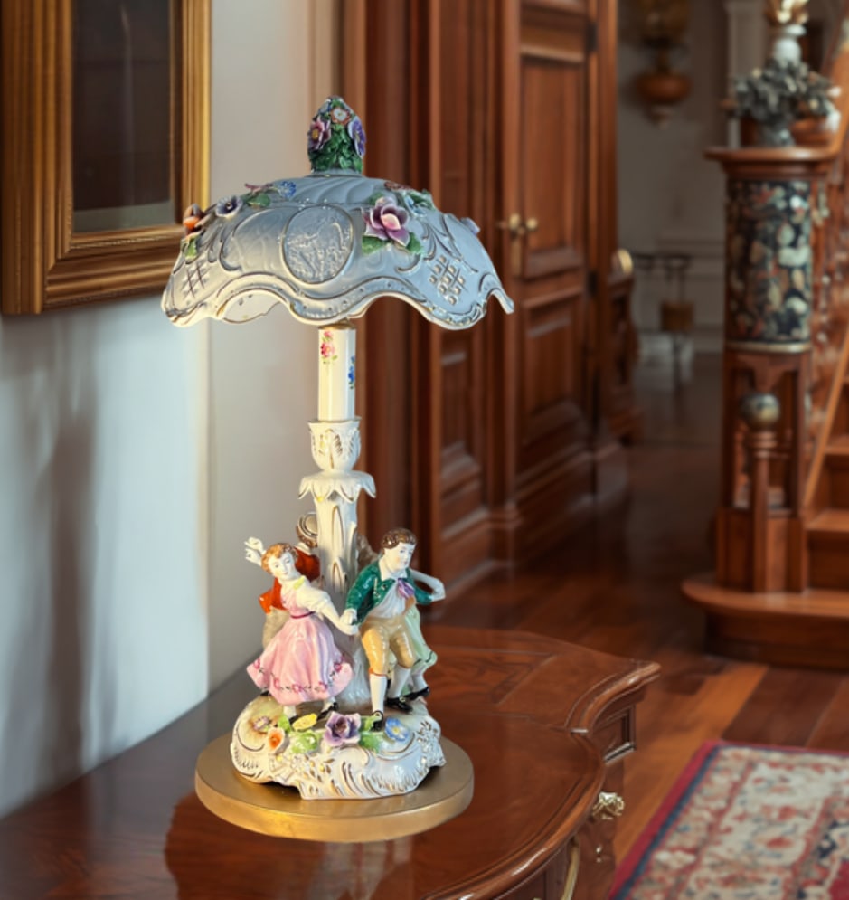 Von Schierholz Porcelain Ring Around the Rosie Children Table Lamp Floral Lithophane Shade - 9