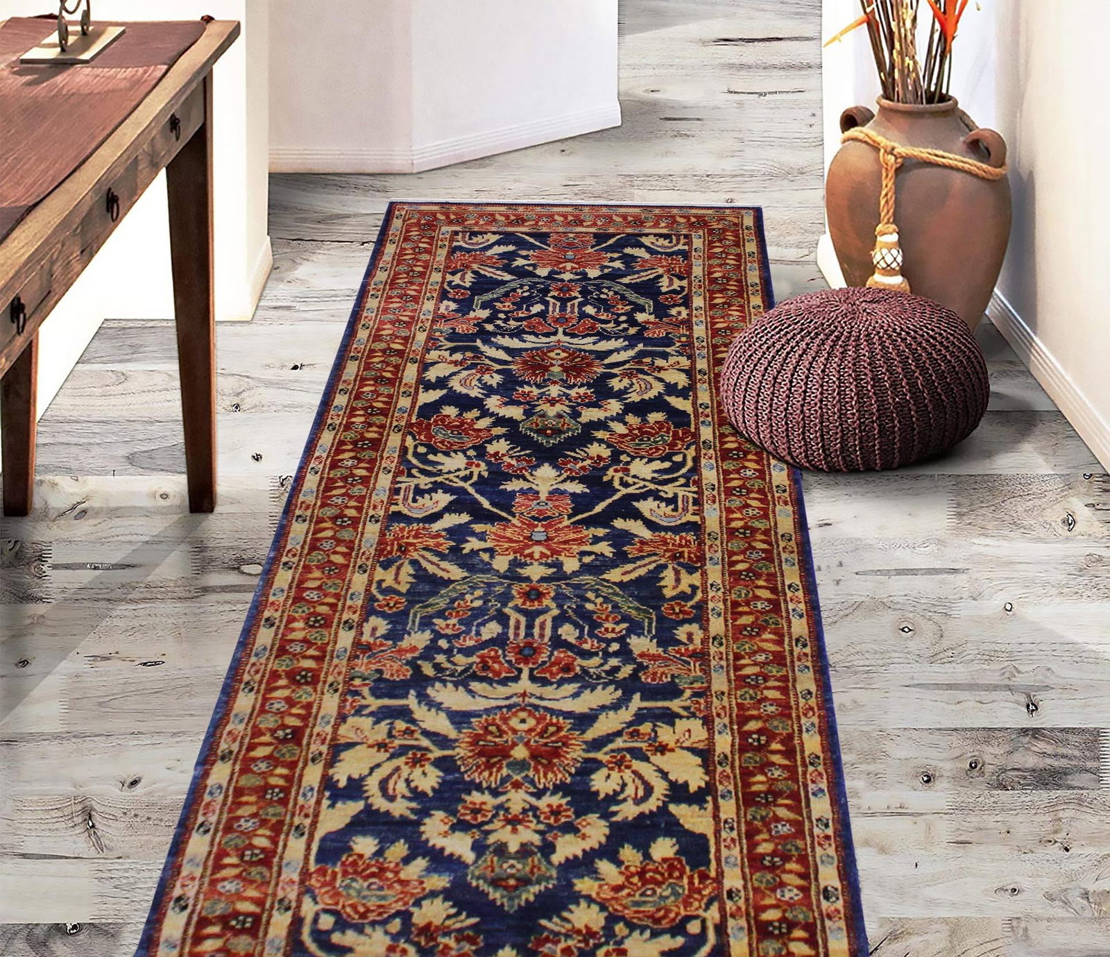 Shabby Chic 1990's Ziegler Blue/Rust Wool Runner Rug- 2'9'' X 12'8'' - 2