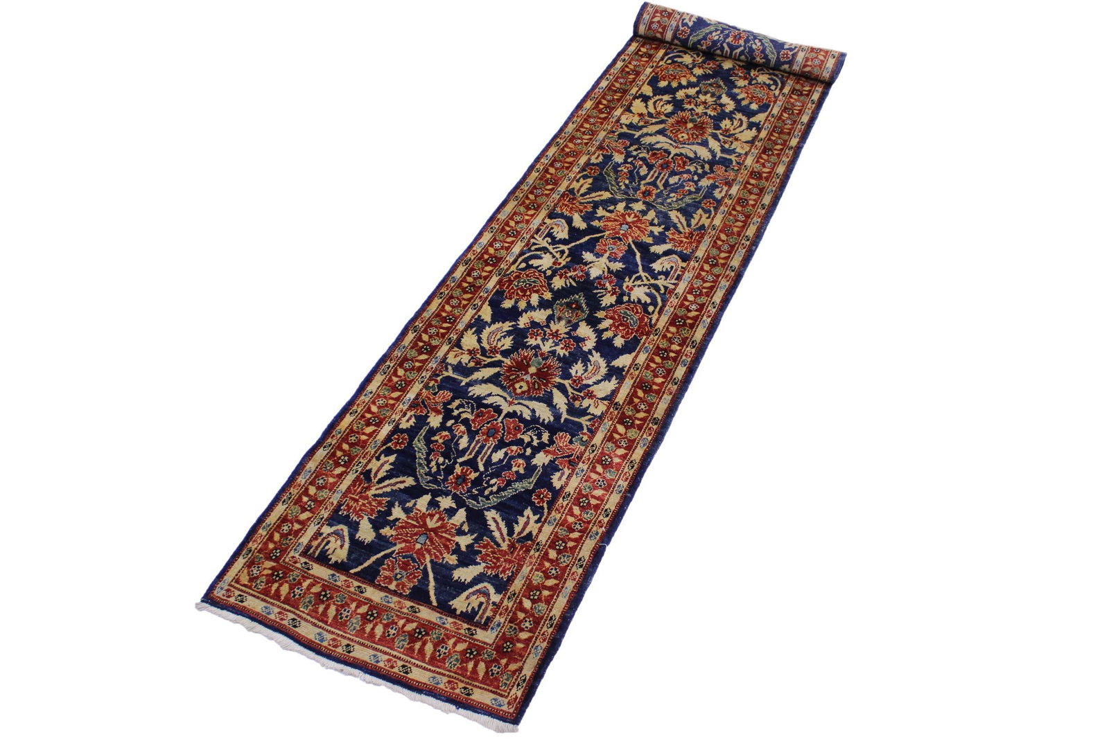 Shabby Chic 1990's Ziegler Blue/Rust Wool Runner Rug- 2'9'' X 12'8'' - 3