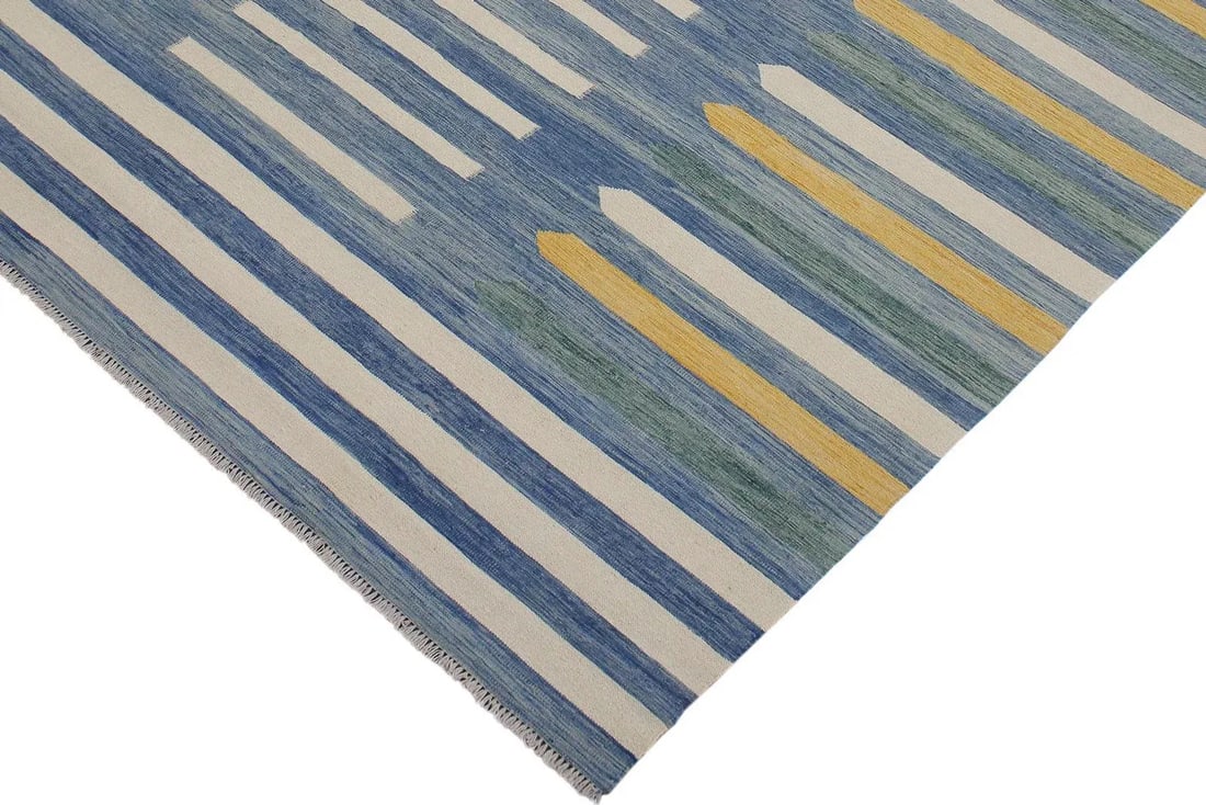 Early 21st Century Boho Chic Kilim Blue Beige Wool Rug - 4