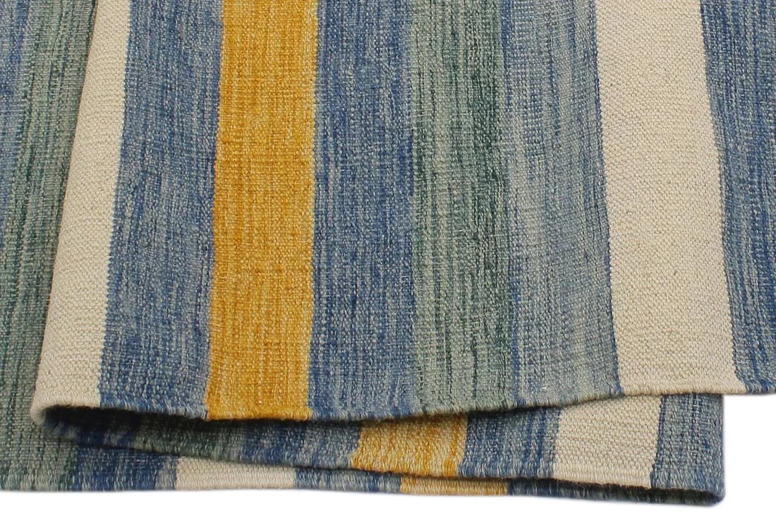 Early 21st Century Boho Chic Kilim Blue Beige Wool Rug - 5