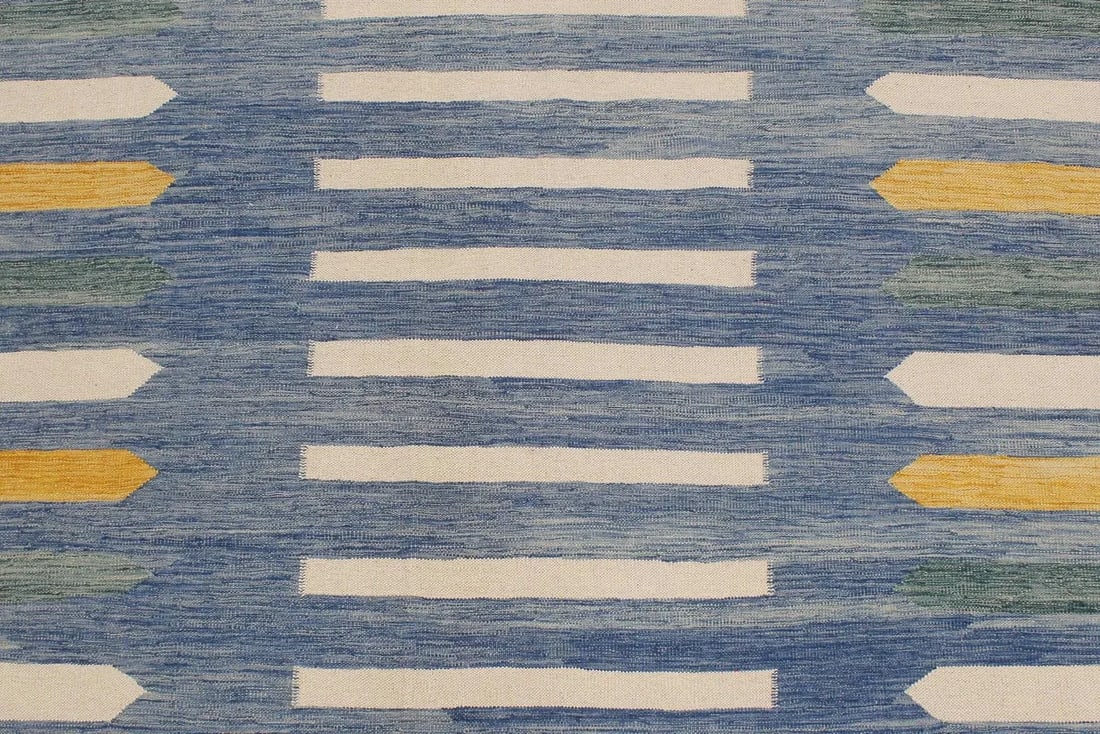 Early 21st Century Boho Chic Kilim Blue Beige Wool Rug - 6