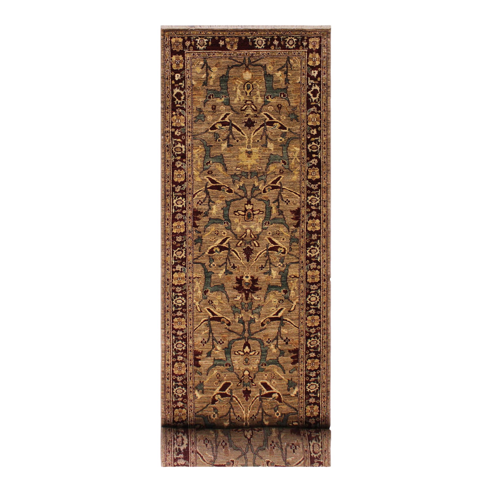 Ziegler Nikia Dark Tan/Dark Red Wool Runner Rug- 3'10'' X 13'1'': Enhance the ambiance of your home with this magnificent Persian-influenced Turkish hand-knotted rug made by skilled artisans capable of creating the most exceptional vegetable dyes and hand spun