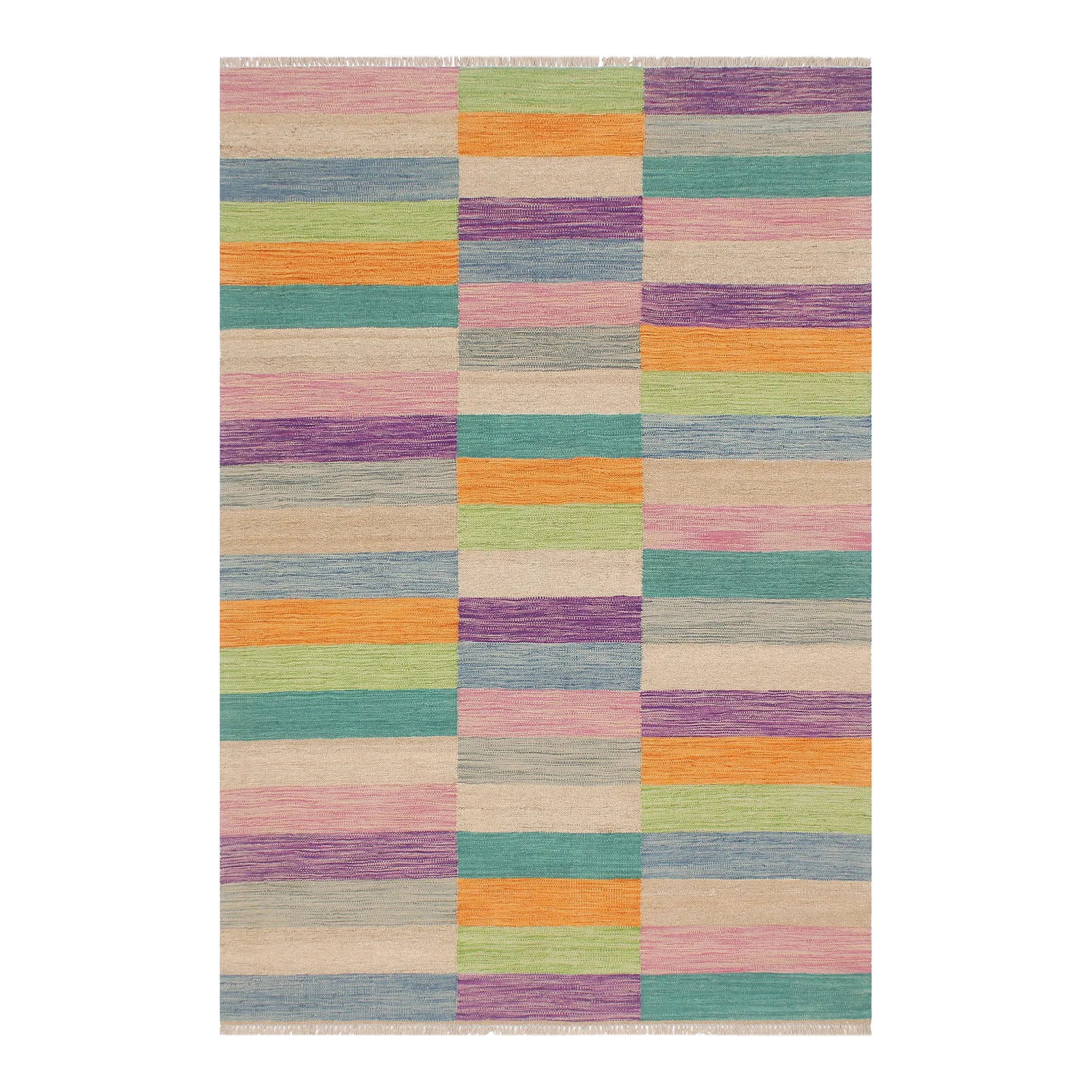 Kilim Blue Brown Wool Rug - 5'0" X 6'8": "Add a touch of elegance to your home with this casual chic hand woven Tribal Kilim wool rug. Constructed on a loom by Nomad Turkman people with hand-spun wool and 100% Natural Vegetable dyes these be