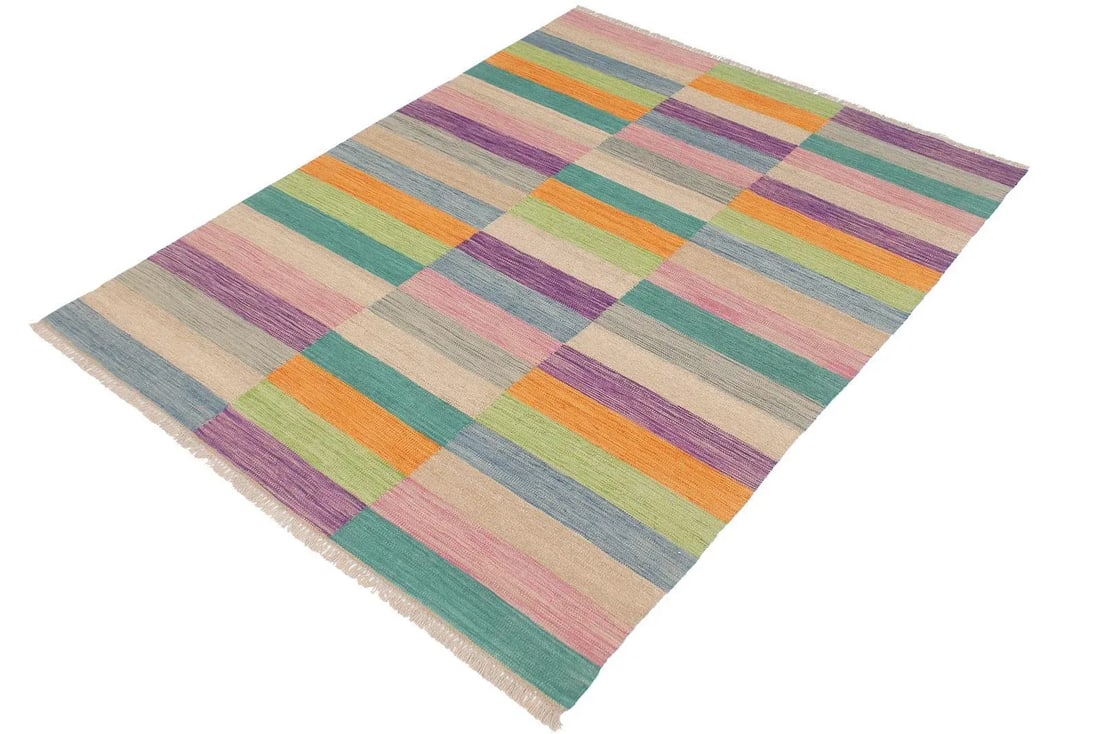 Kilim Blue Brown Wool Rug - 5'0" X 6'8" - 2
