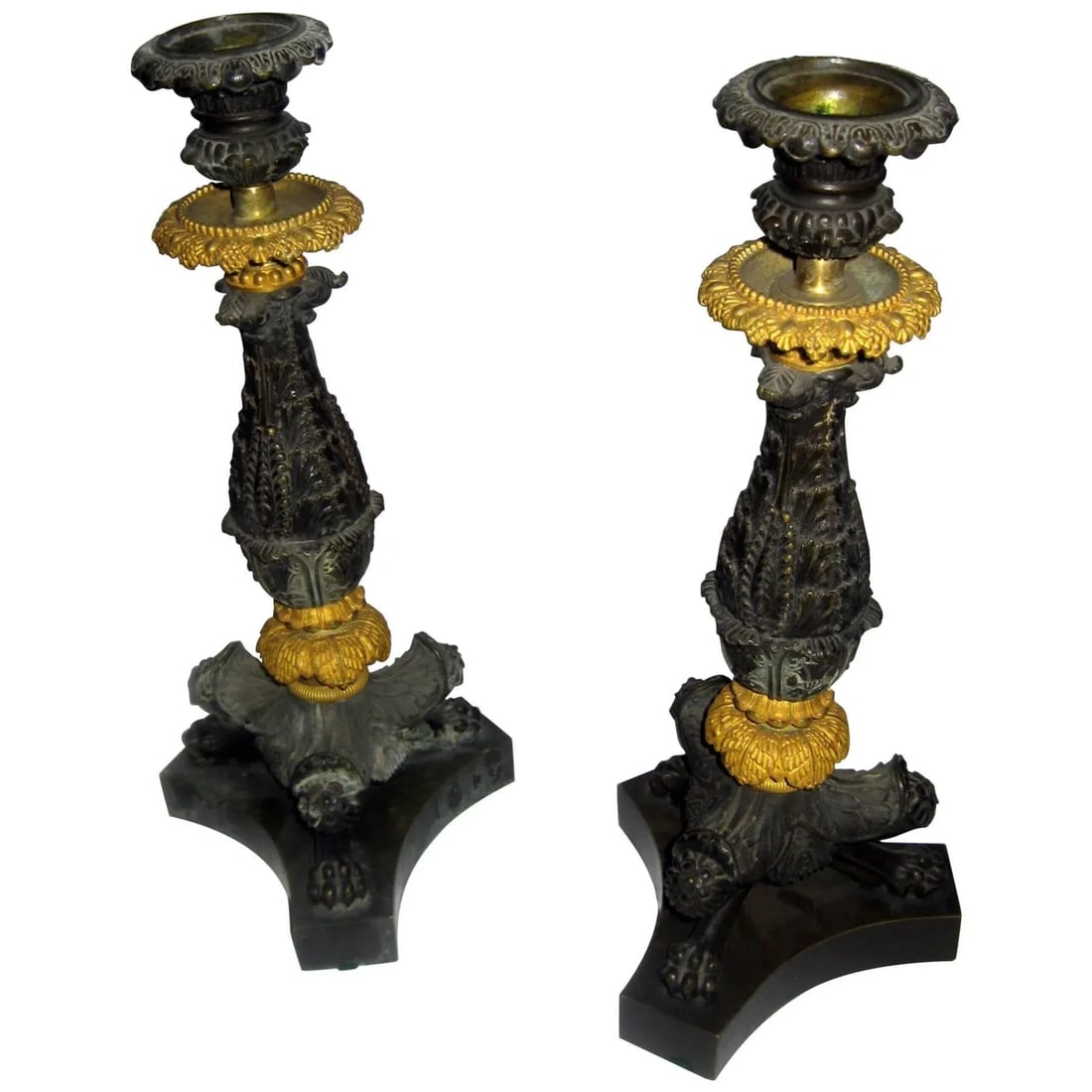 19th century Charles 'X' French Gilt and Patinated Bronze Candlestick, Pair - A Pair - 11