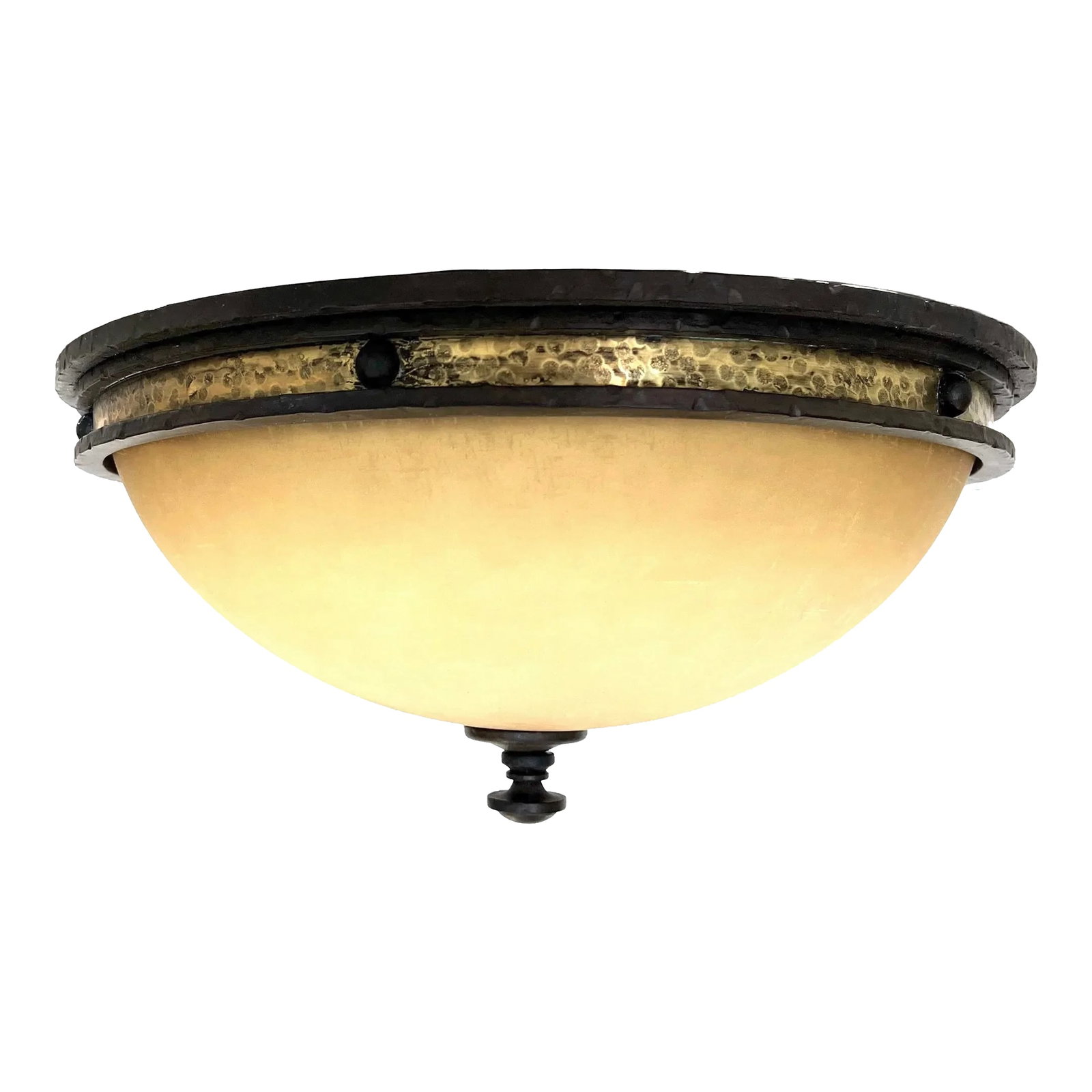 2000s Hammered Iron and Gilt Durango Flush Mount by Kalco: There are times when we all need to keep a low profile. Like this hammered framed black and gold flush mount fixture by Kalco. And better yet - it's priced at less than half of its original $750