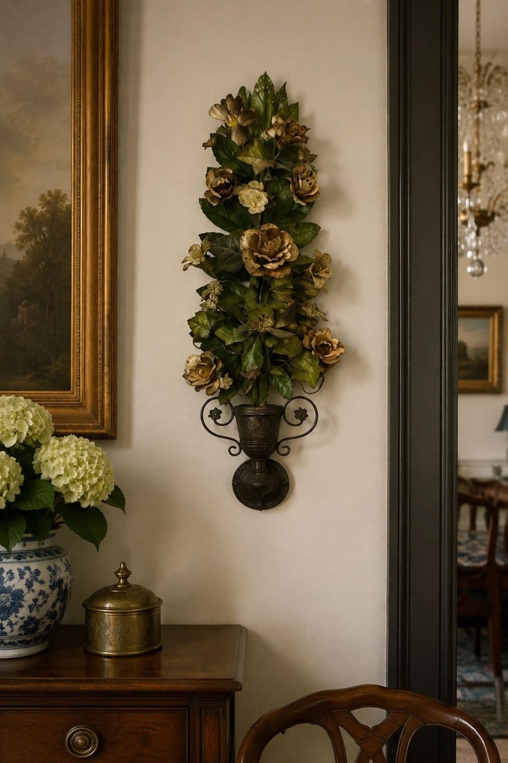 Large Vintage Painted Tole Floral Wall Hanging With Urn, 28" - 10
