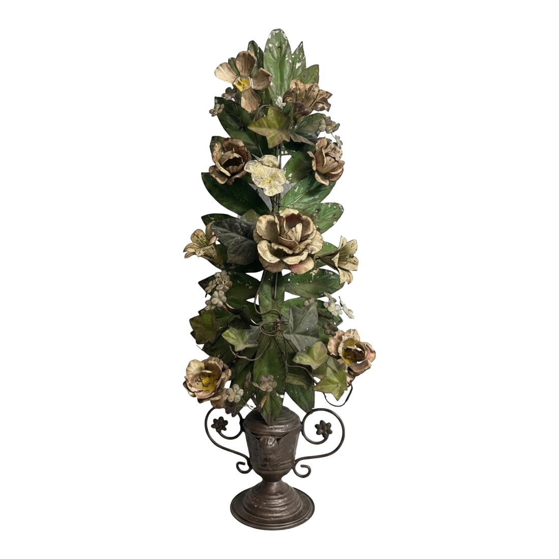 Large Vintage Painted Tole Floral Wall Hanging With Urn, 28": A striking large-scale vintage painted tole floral wall hanging featuring an abundant arrangement of dimensional metal flowers and foliage rising from a decorative urn. Standing approximately 28