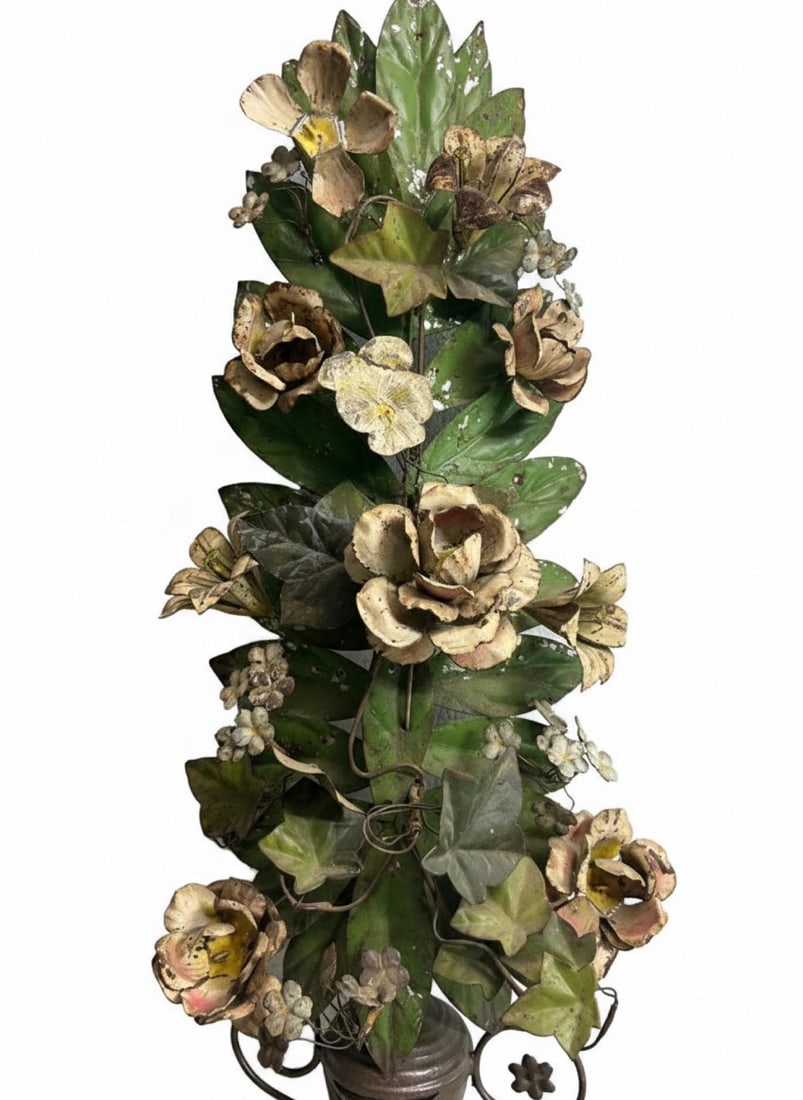 Large Vintage Painted Tole Floral Wall Hanging With Urn, 28" - 2