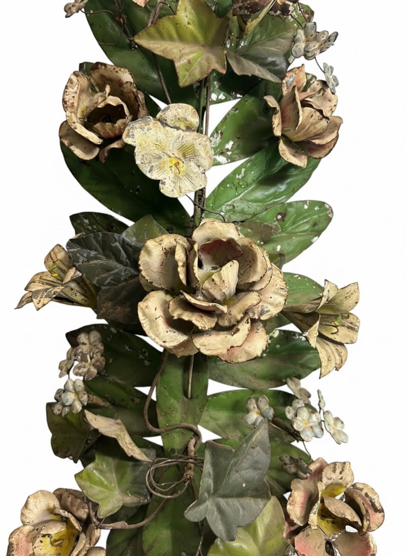 Large Vintage Painted Tole Floral Wall Hanging With Urn, 28" - 3