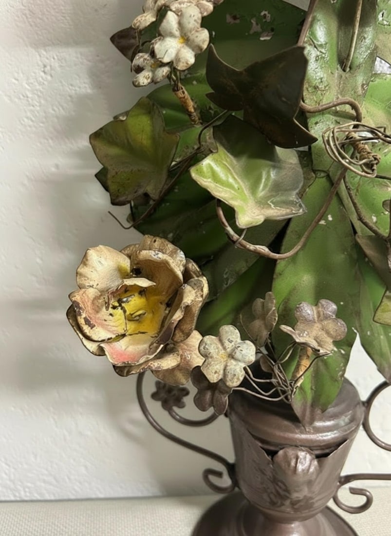 Large Vintage Painted Tole Floral Wall Hanging With Urn, 28" - 4