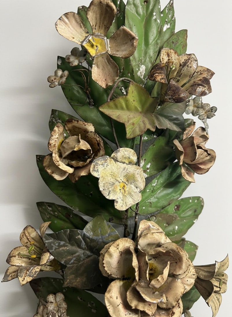 Large Vintage Painted Tole Floral Wall Hanging With Urn, 28" - 5