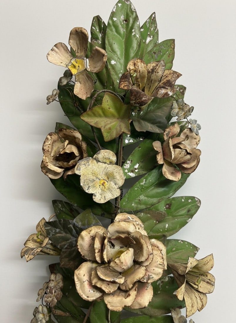Large Vintage Painted Tole Floral Wall Hanging With Urn, 28" - 6