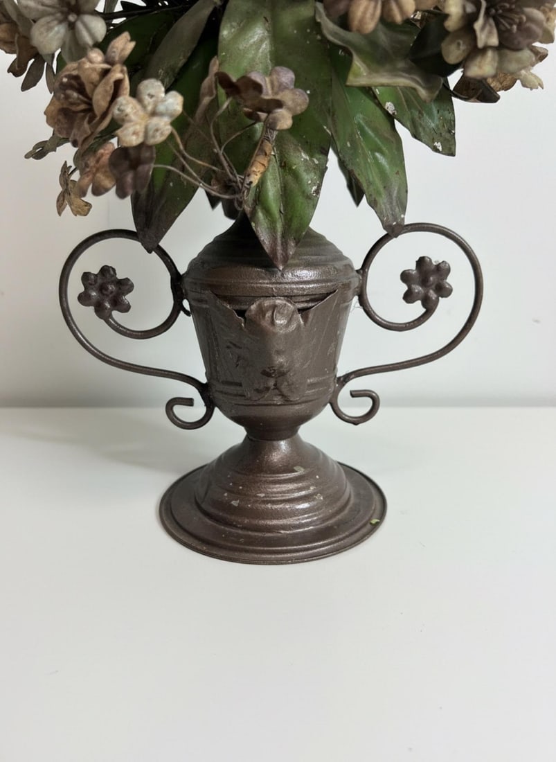 Large Vintage Painted Tole Floral Wall Hanging With Urn, 28" - 7