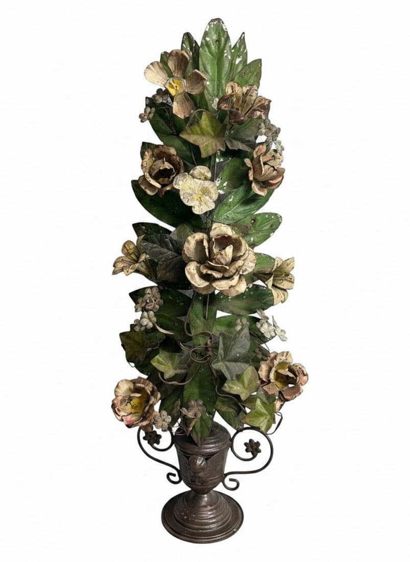 Large Vintage Painted Tole Floral Wall Hanging With Urn, 28" - 9