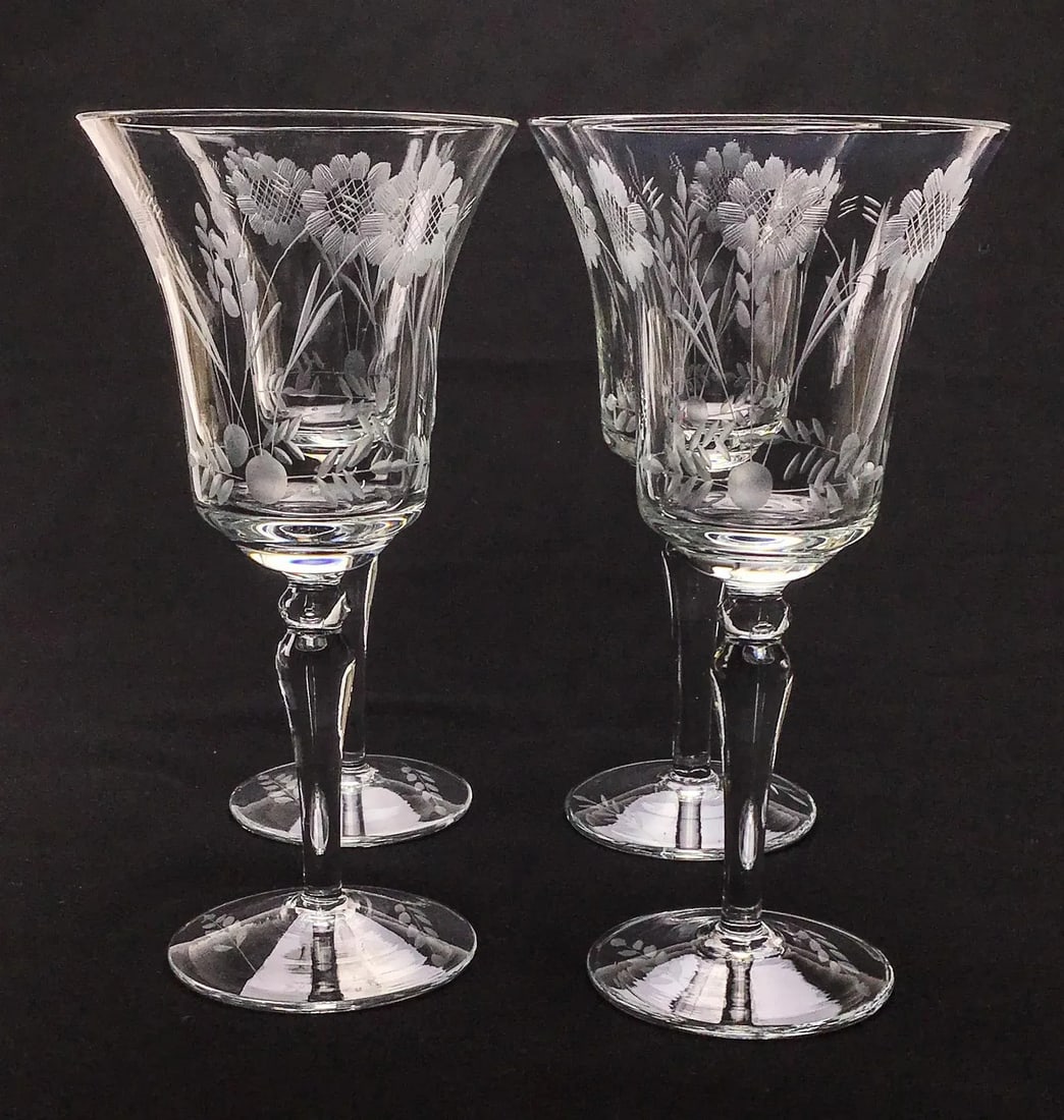 French Vintage Crystal Etched Wine or Water Goblets - a Set of 4 - 3