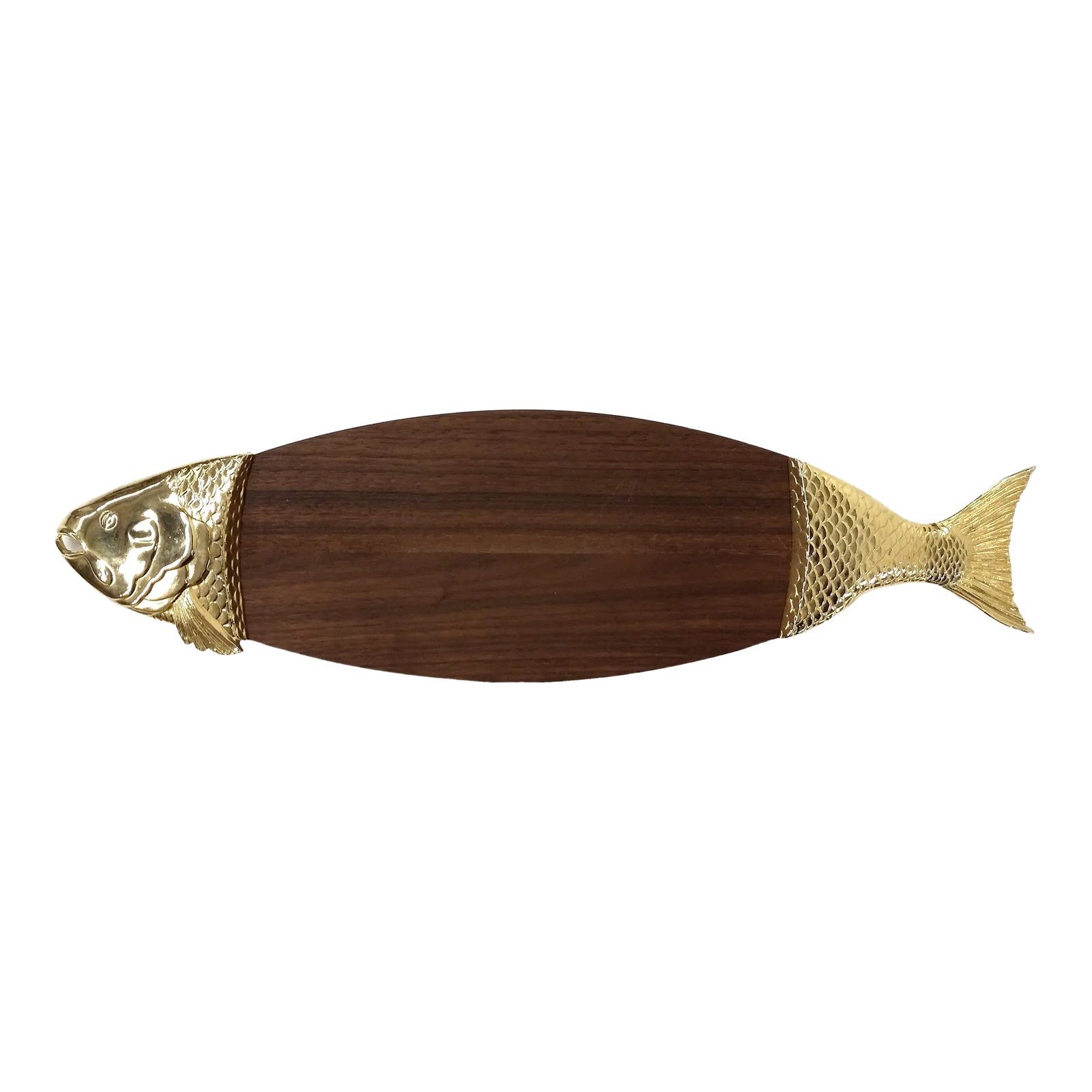Ted Arnold Wood & Gold Serving Platter: What a beauty with the gold plated fish head and fish tail. Designed by the renown artist, Ted Arnold, who is known for his quirky designs for the home. In wonderful gift giving condition! Condition: