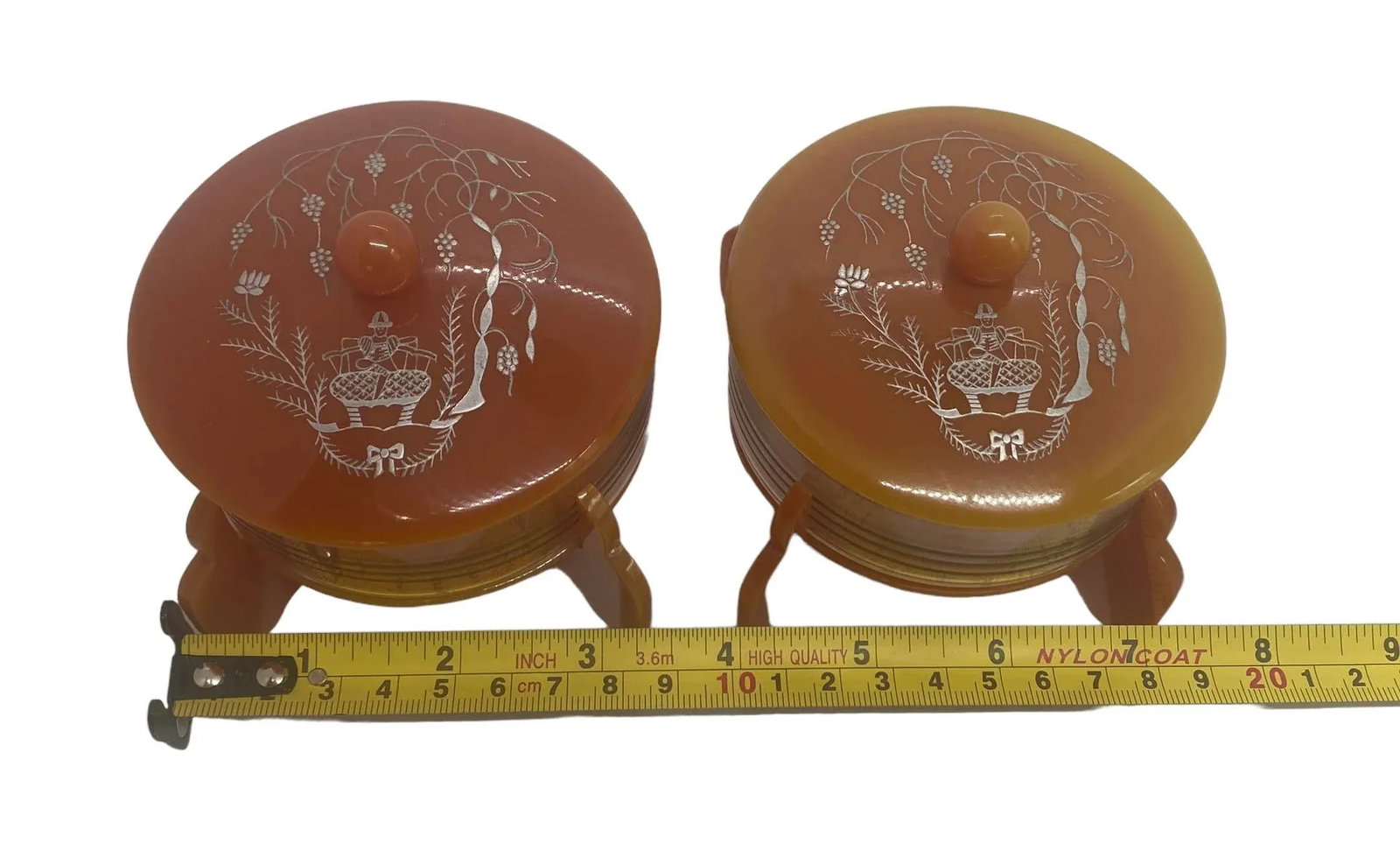 Early 20th Century Art Deco Cinnamon Brown Bakelite Round Footed Boudoir Lidded Powder Jars With Asi - 10