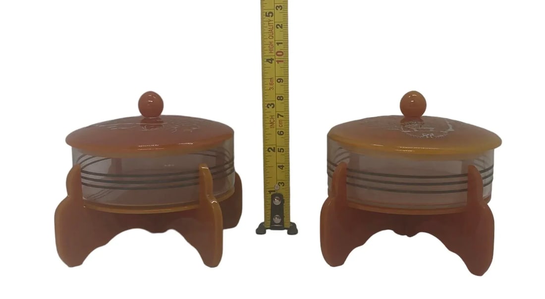 Early 20th Century Art Deco Cinnamon Brown Bakelite Round Footed Boudoir Lidded Powder Jars With Asi - 11