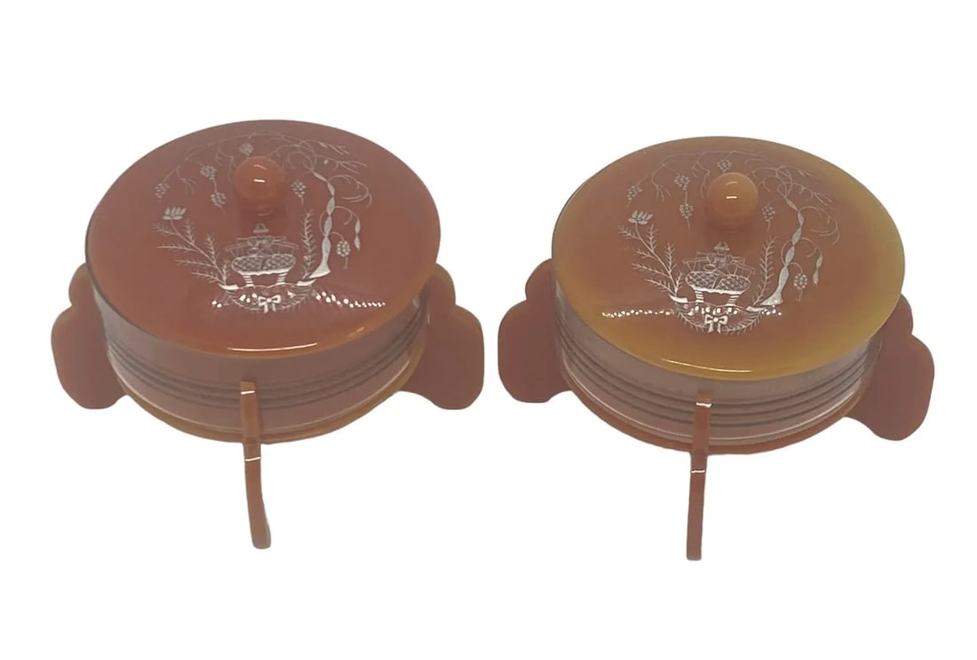 Early 20th Century Art Deco Cinnamon Brown Bakelite Round Footed Boudoir Lidded Powder Jars With Asi - 12