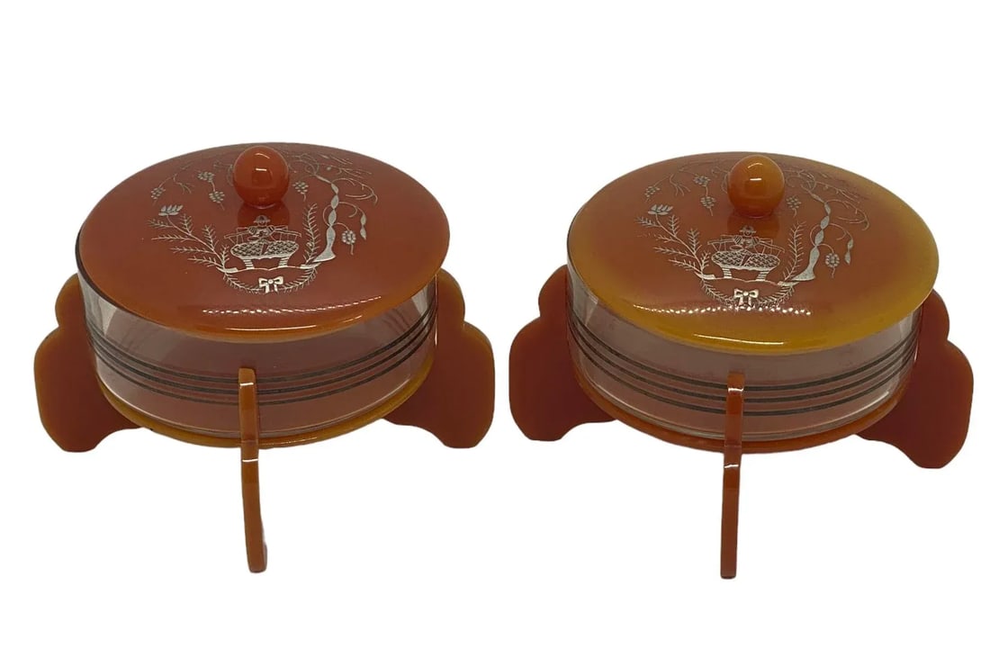 Early 20th Century Art Deco Cinnamon Brown Bakelite Round Footed Boudoir Lidded Powder Jars With Asi - 13