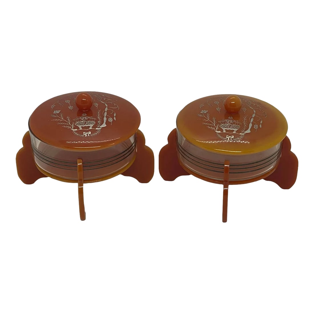 Early 20th Century Art Deco Cinnamon Brown Bakelite Round Footed Boudoir Lidded Powder Jars With Asi: Early 20th Century Art Deco Cinnamon Brown Bakelite Round Footed Boudoir Lidded Powder Jars With Asian Grapevine Design - A Pair. This beautiful pair of powder jars are in excellent condition with no