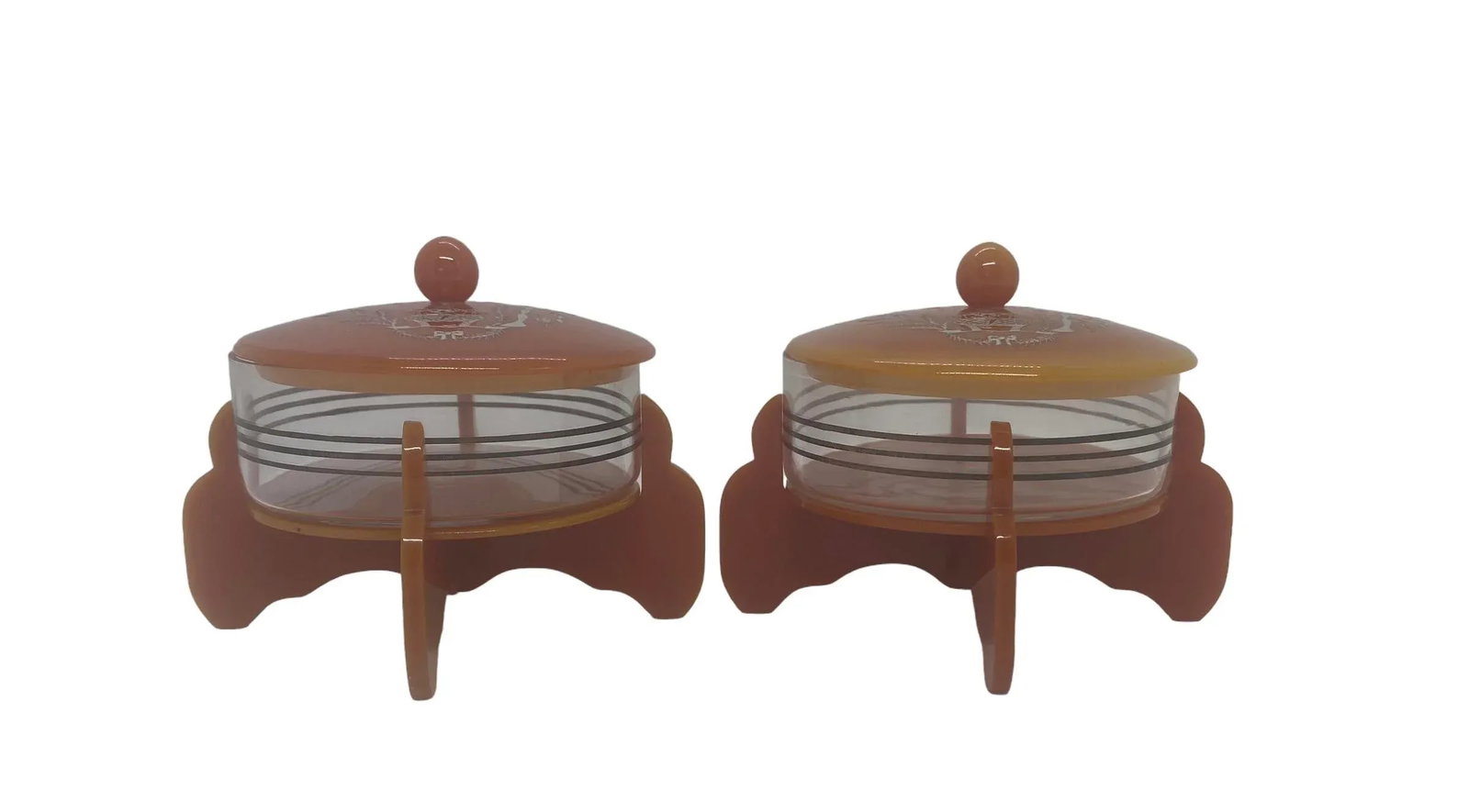 Early 20th Century Art Deco Cinnamon Brown Bakelite Round Footed Boudoir Lidded Powder Jars With Asi - 2