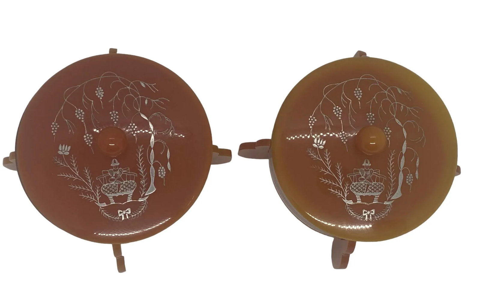 Early 20th Century Art Deco Cinnamon Brown Bakelite Round Footed Boudoir Lidded Powder Jars With Asi - 3