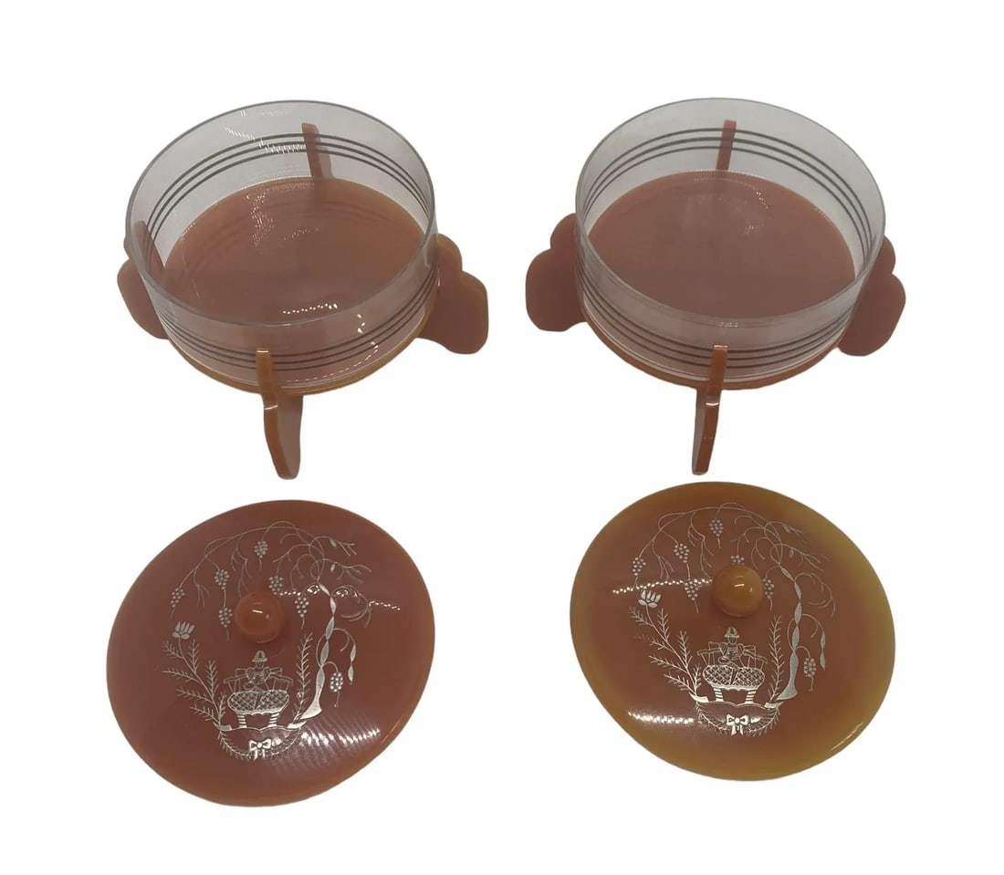 Early 20th Century Art Deco Cinnamon Brown Bakelite Round Footed Boudoir Lidded Powder Jars With Asi - 6