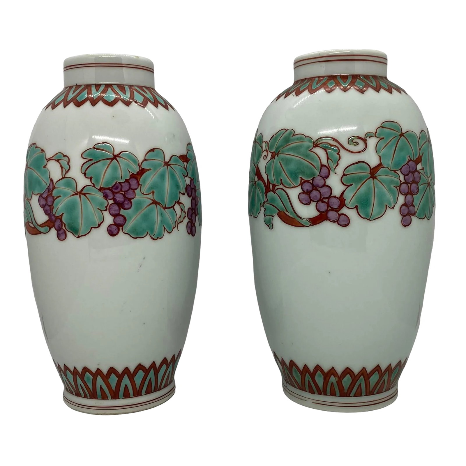 Mid 20th Century Japanese Kutani Celadon Shaped Porcelain Vases With Grapevine Design - a Pair: Mid 20th Century Japanese Kutani Celadon Shaped Porcelain Vases With Grapevine Design - a Pair. Lovely 1940's or 50's Japanese Studio Art Pottery vases! These lovely Vases are in very good condition
