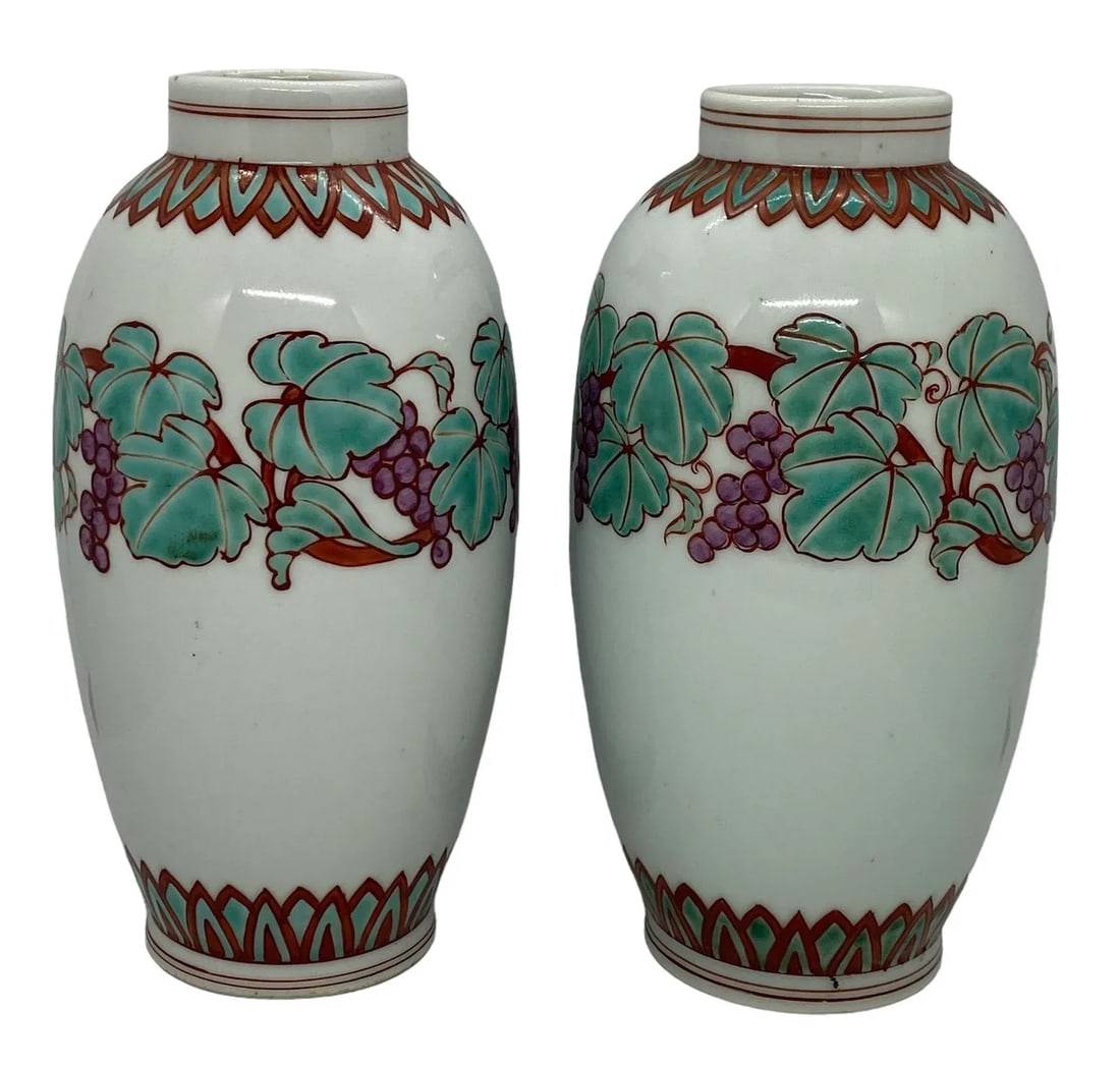 Mid 20th Century Japanese Kutani Celadon Shaped Porcelain Vases With Grapevine Design - a Pair - 2