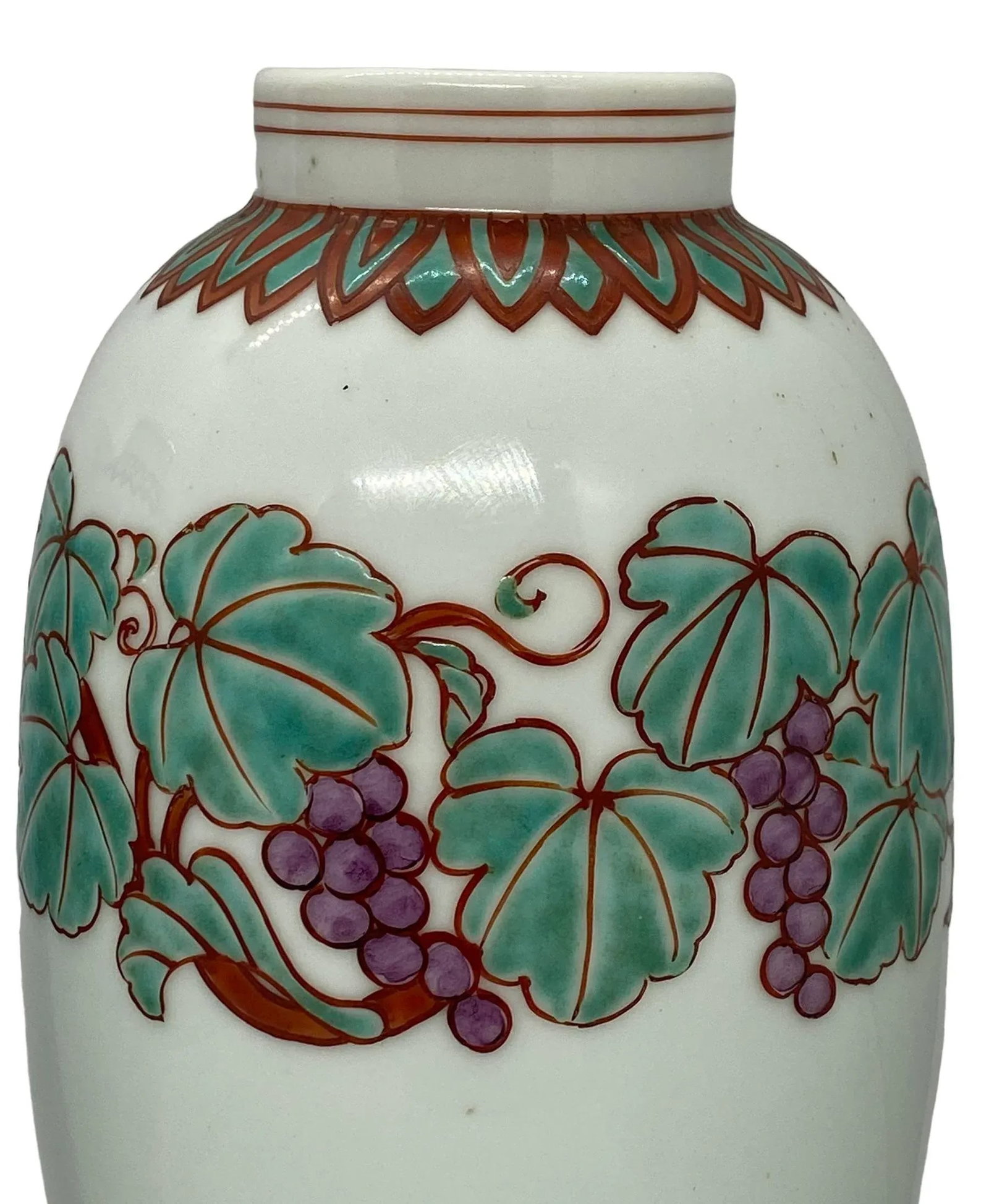 Mid 20th Century Japanese Kutani Celadon Shaped Porcelain Vases With Grapevine Design - a Pair - 3