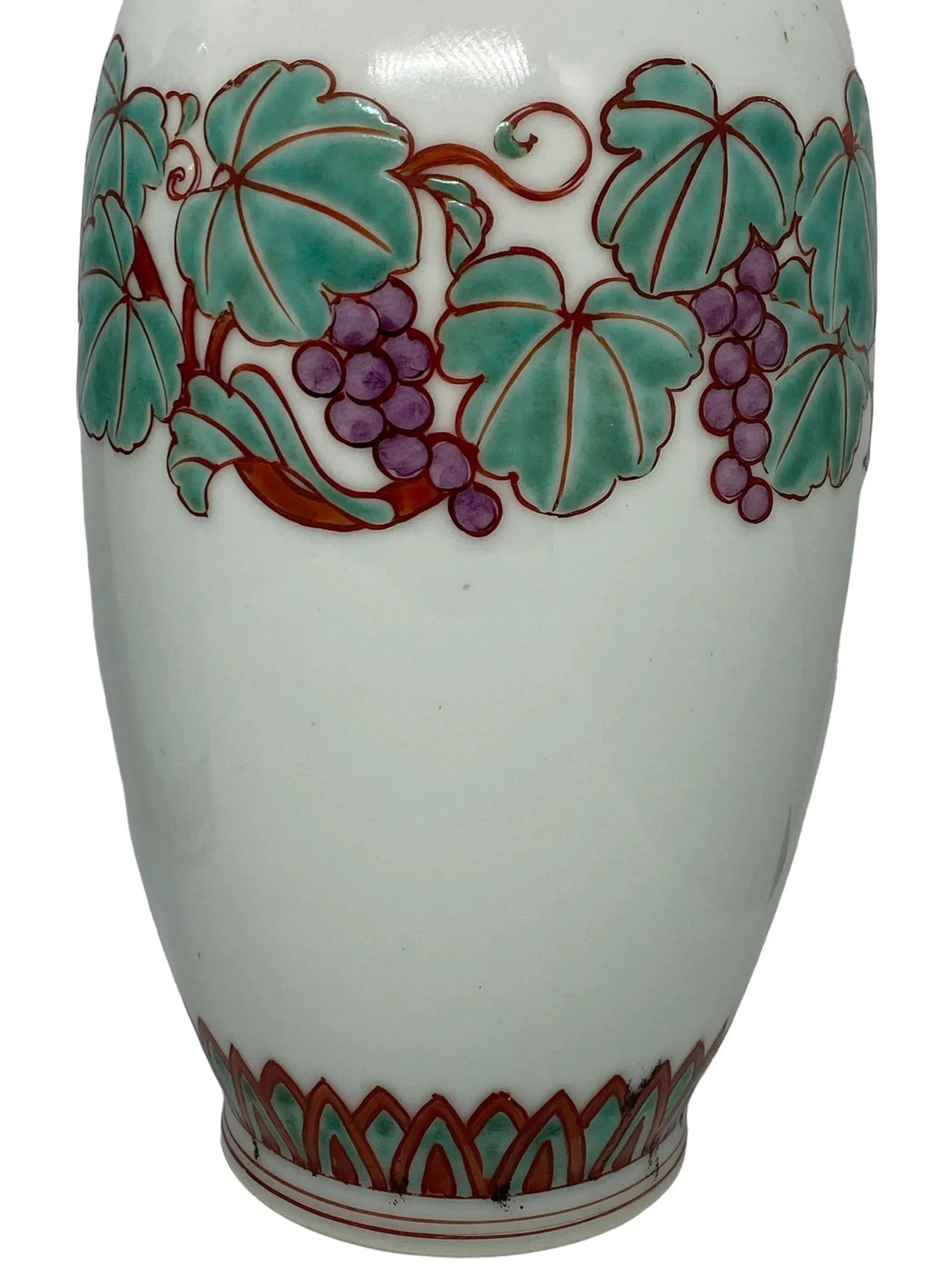 Mid 20th Century Japanese Kutani Celadon Shaped Porcelain Vases With Grapevine Design - a Pair - 4