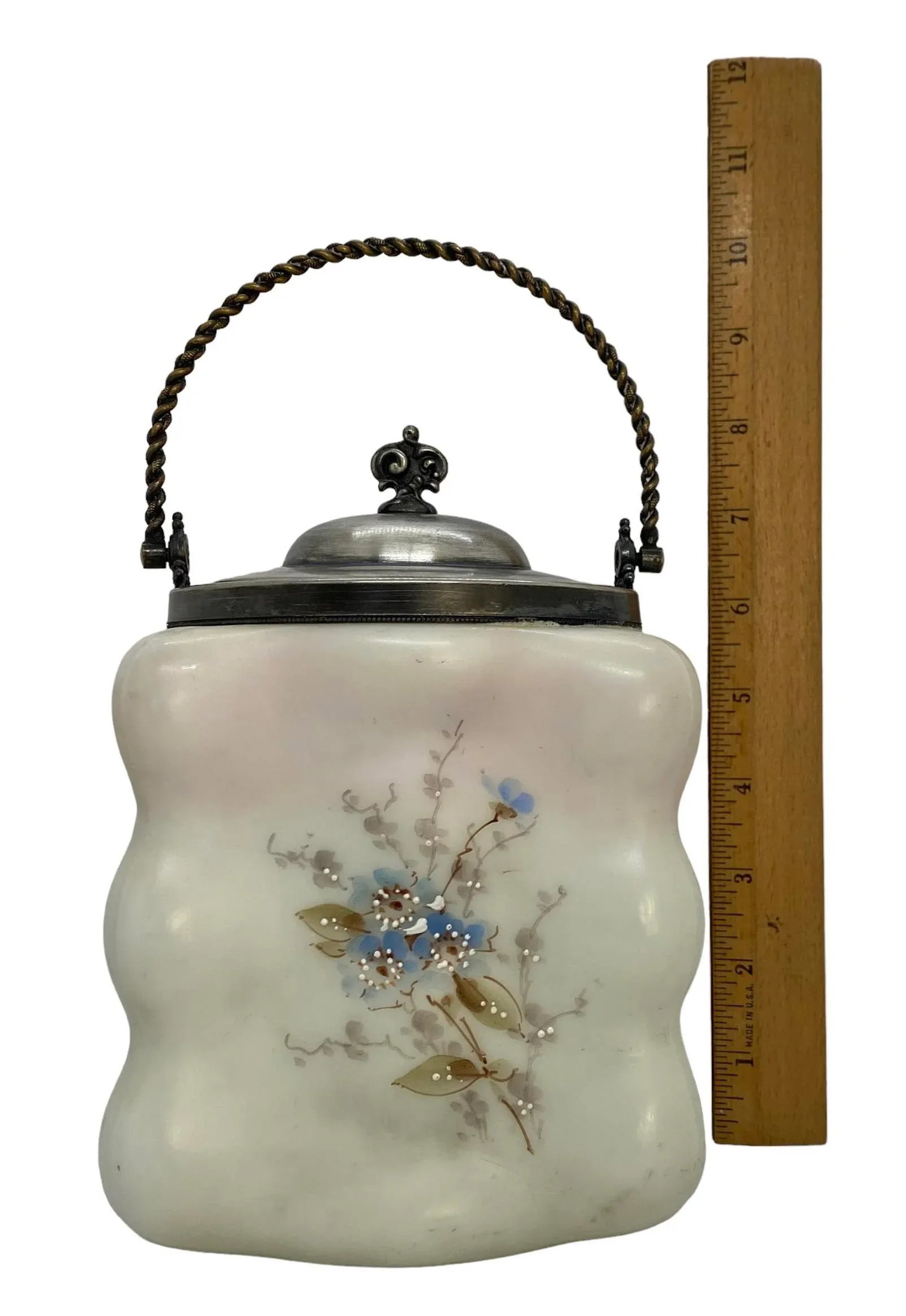 Late 19th Century C.F. Monroe Glass Wavecrest Floral Decorated Opal Ware Biscuit Cracker Barrel With - 11