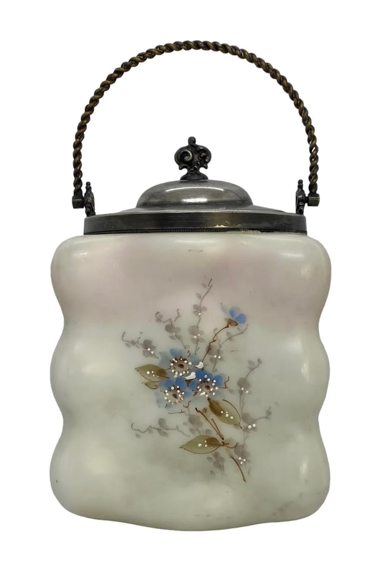 Late 19th Century C.F. Monroe Glass Wavecrest Floral Decorated Opal Ware Biscuit Cracker Barrel With - 13