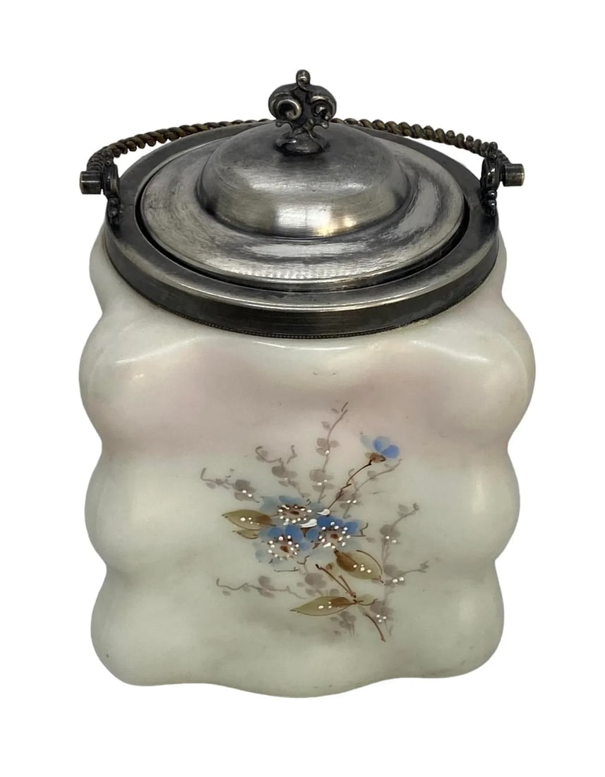Late 19th Century C.F. Monroe Glass Wavecrest Floral Decorated Opal Ware Biscuit Cracker Barrel With - 7