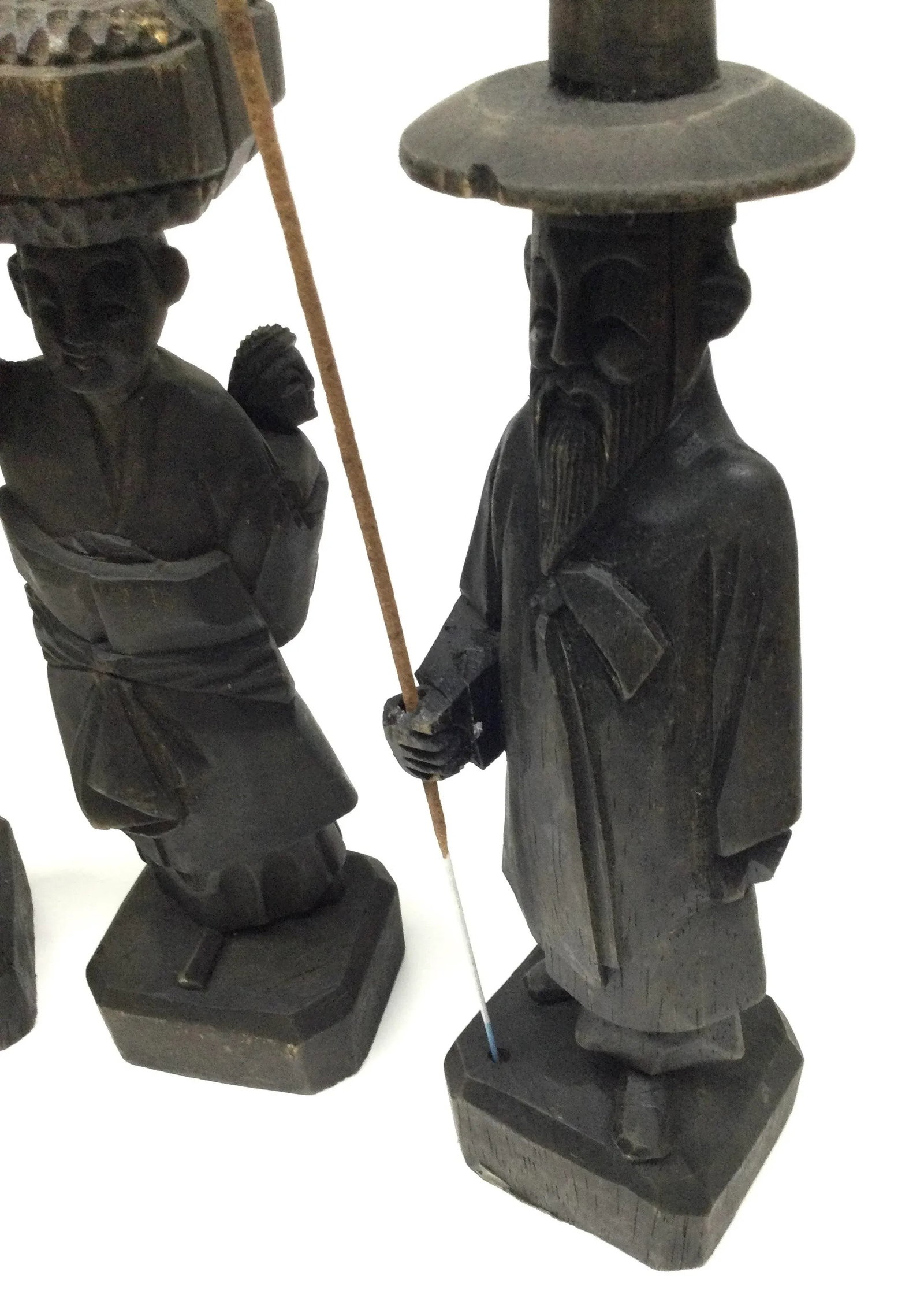 Antique Carved Wood Asian Men Incense Holder Set of 3 - 12