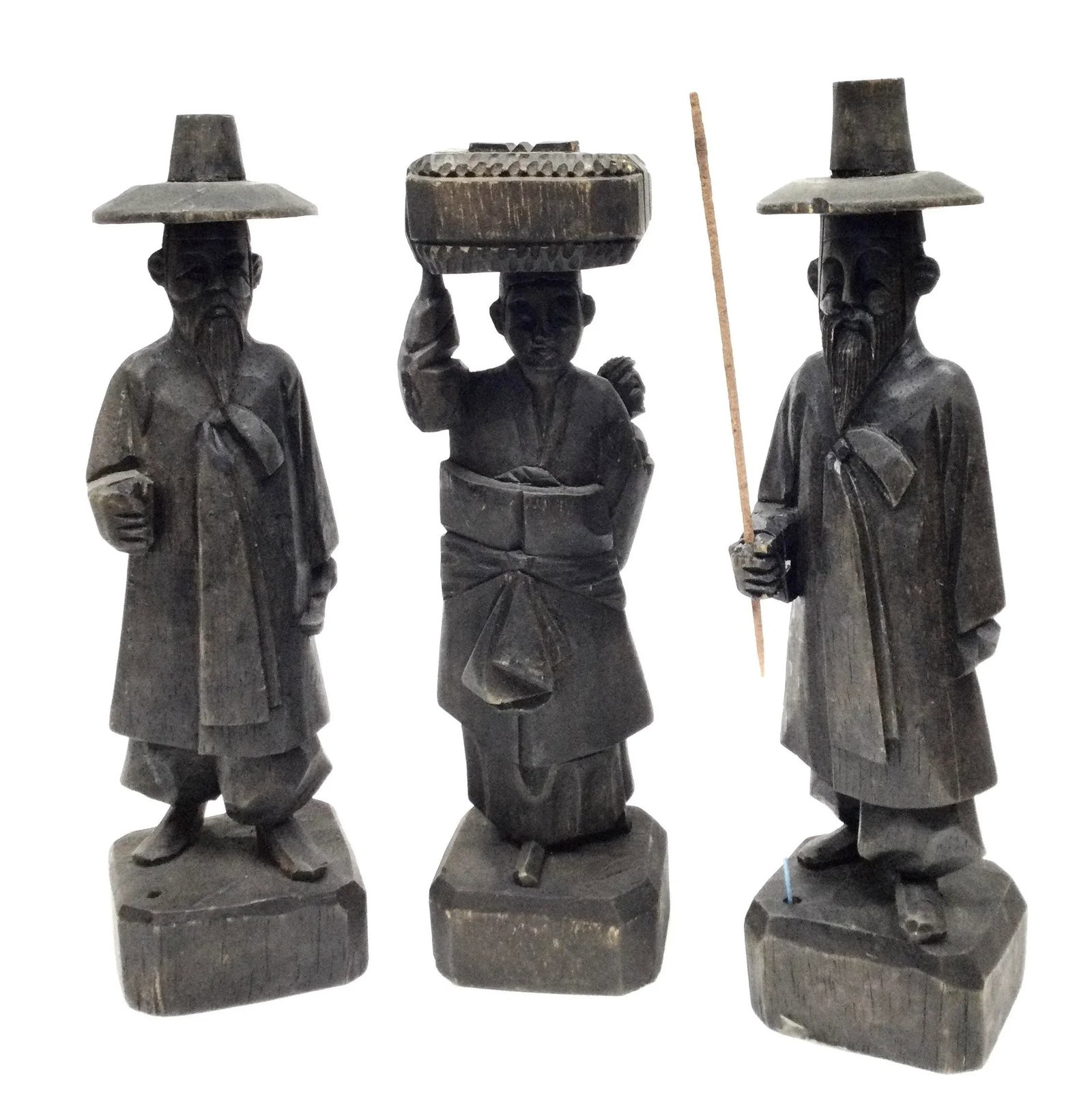 Antique Carved Wood Asian Men Incense Holder Set of 3 - 13