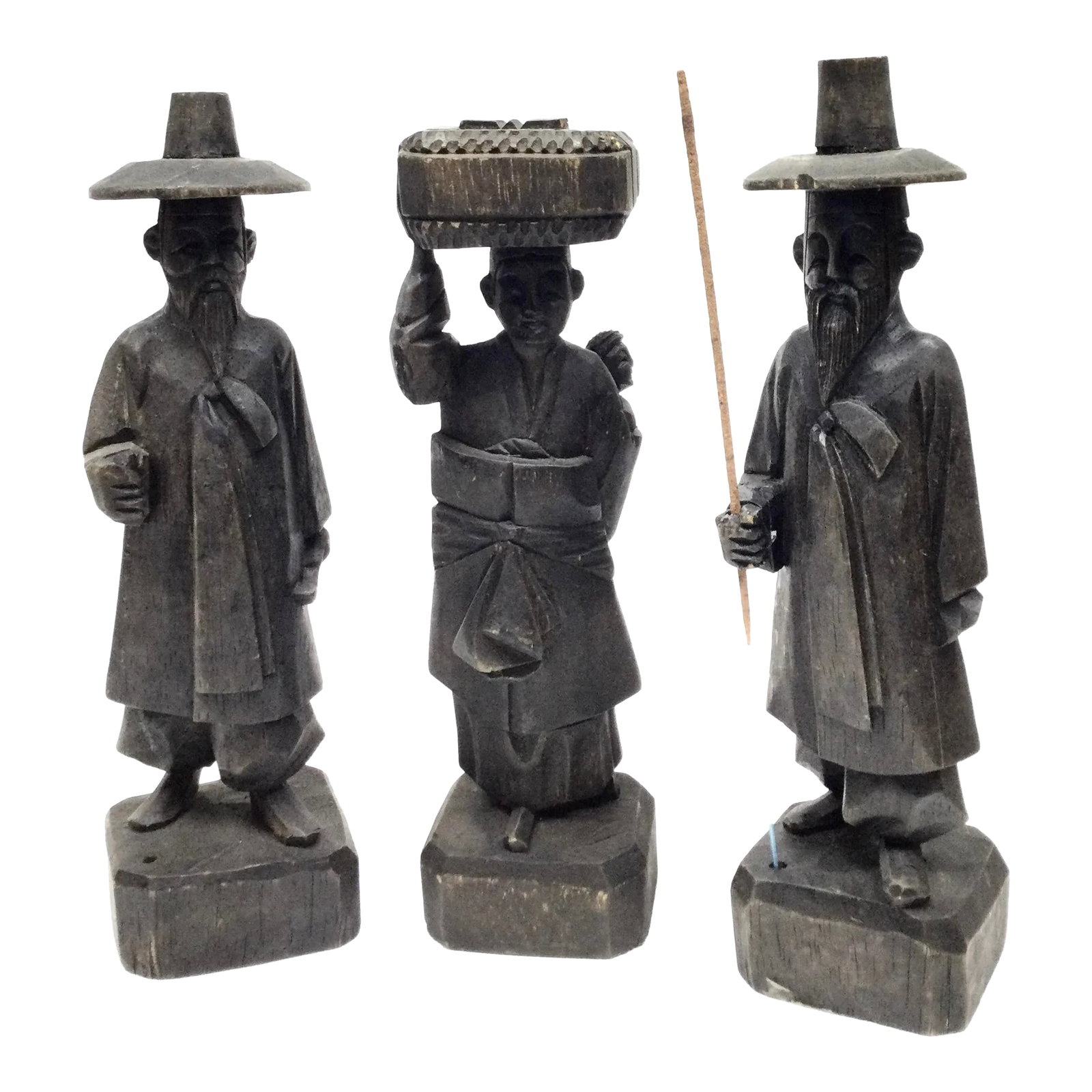 Antique Carved Wood Asian Men Incense Holder Set of 3: Probably Japanese, these carved mud men are perfect for the bookshelf to not only add beauty and style, but offer a cool way to use your incense sticks. Asian theme and in great antique condition with