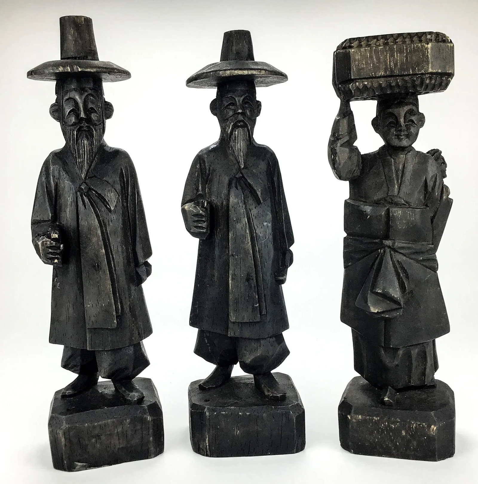 Antique Carved Wood Asian Men Incense Holder Set of 3 - 2