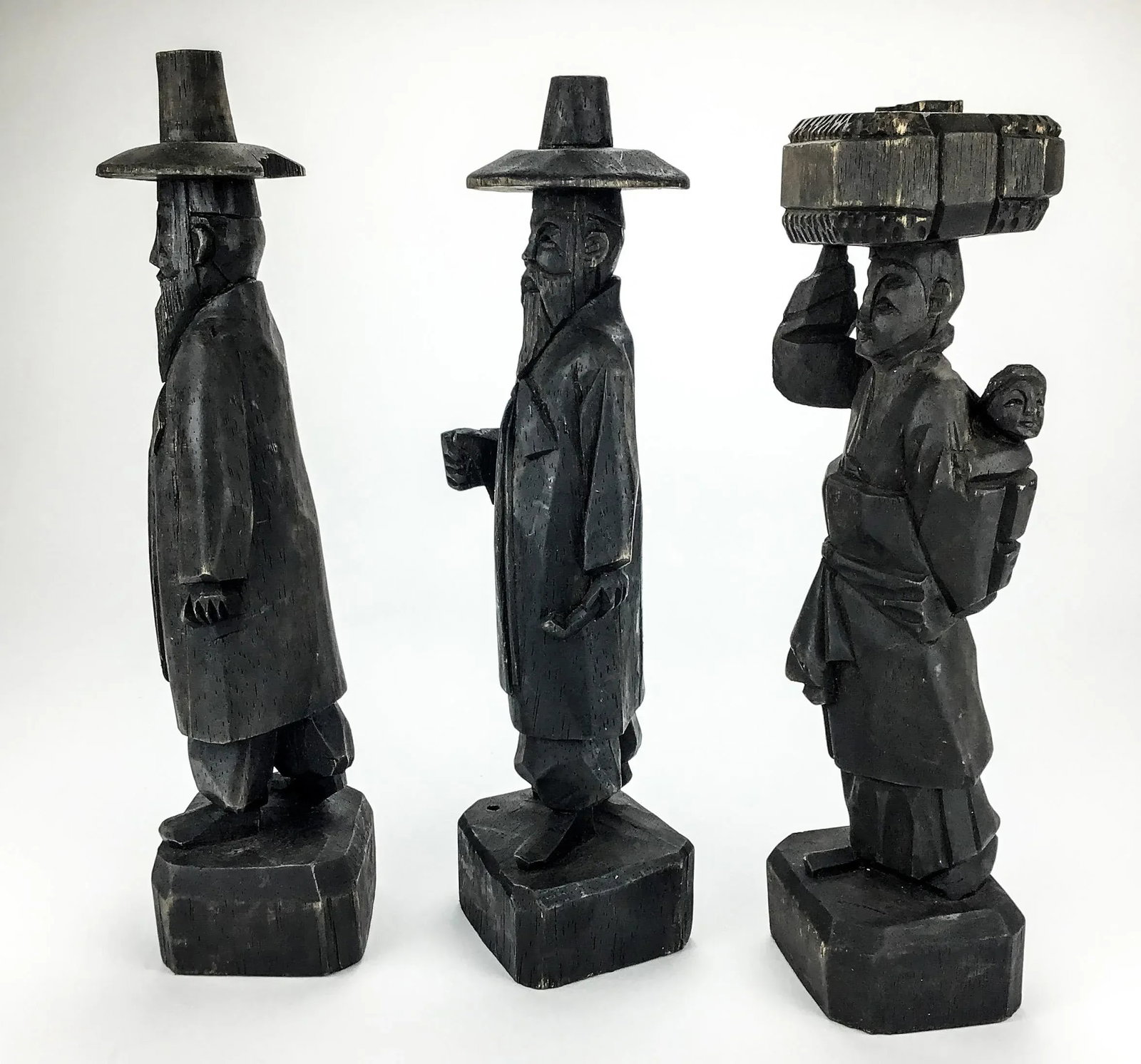 Antique Carved Wood Asian Men Incense Holder Set of 3 - 3
