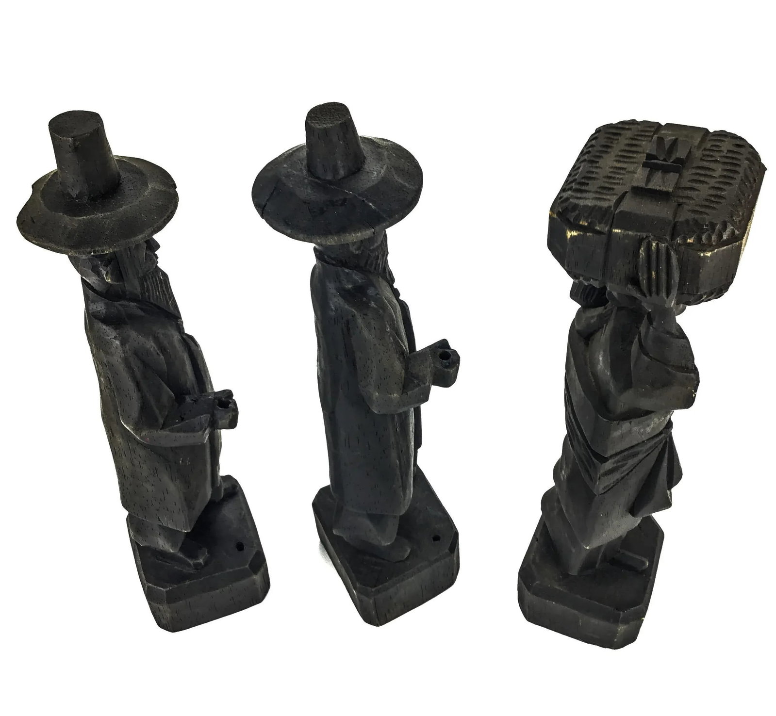 Antique Carved Wood Asian Men Incense Holder Set of 3 - 4