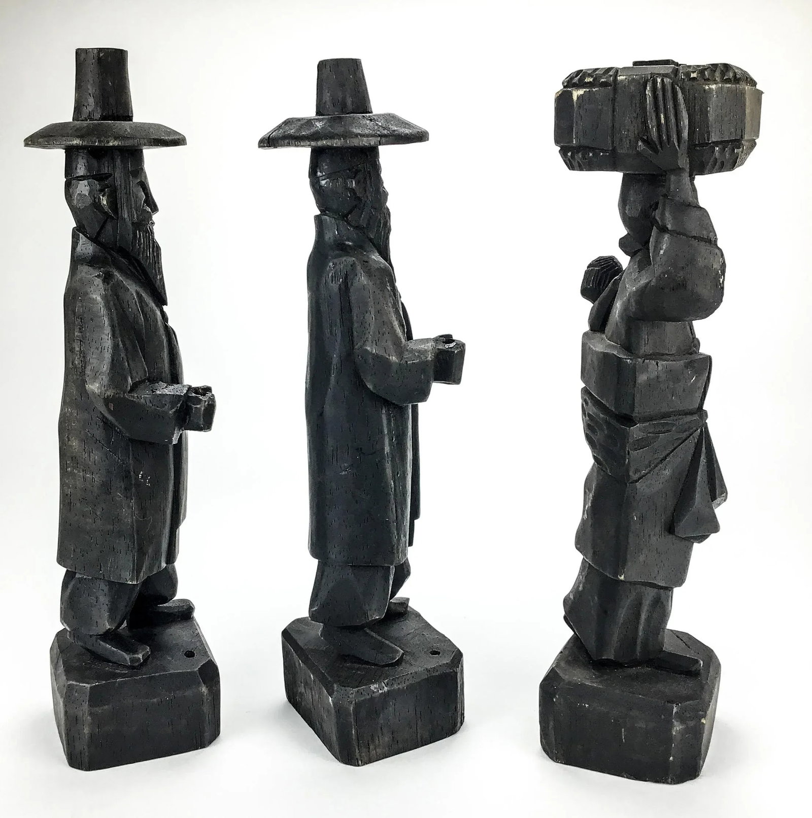 Antique Carved Wood Asian Men Incense Holder Set of 3 - 5