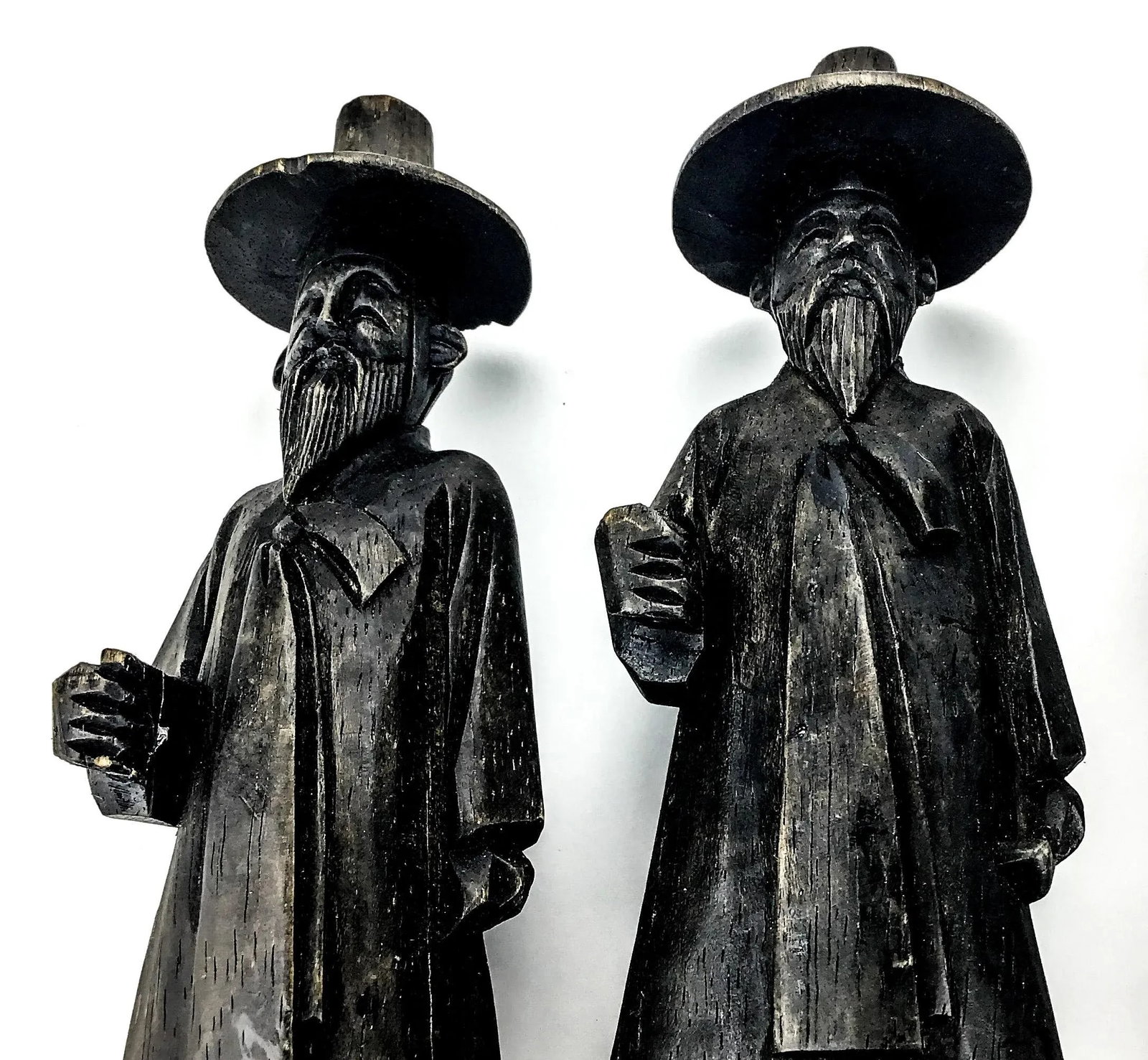 Antique Carved Wood Asian Men Incense Holder Set of 3 - 6