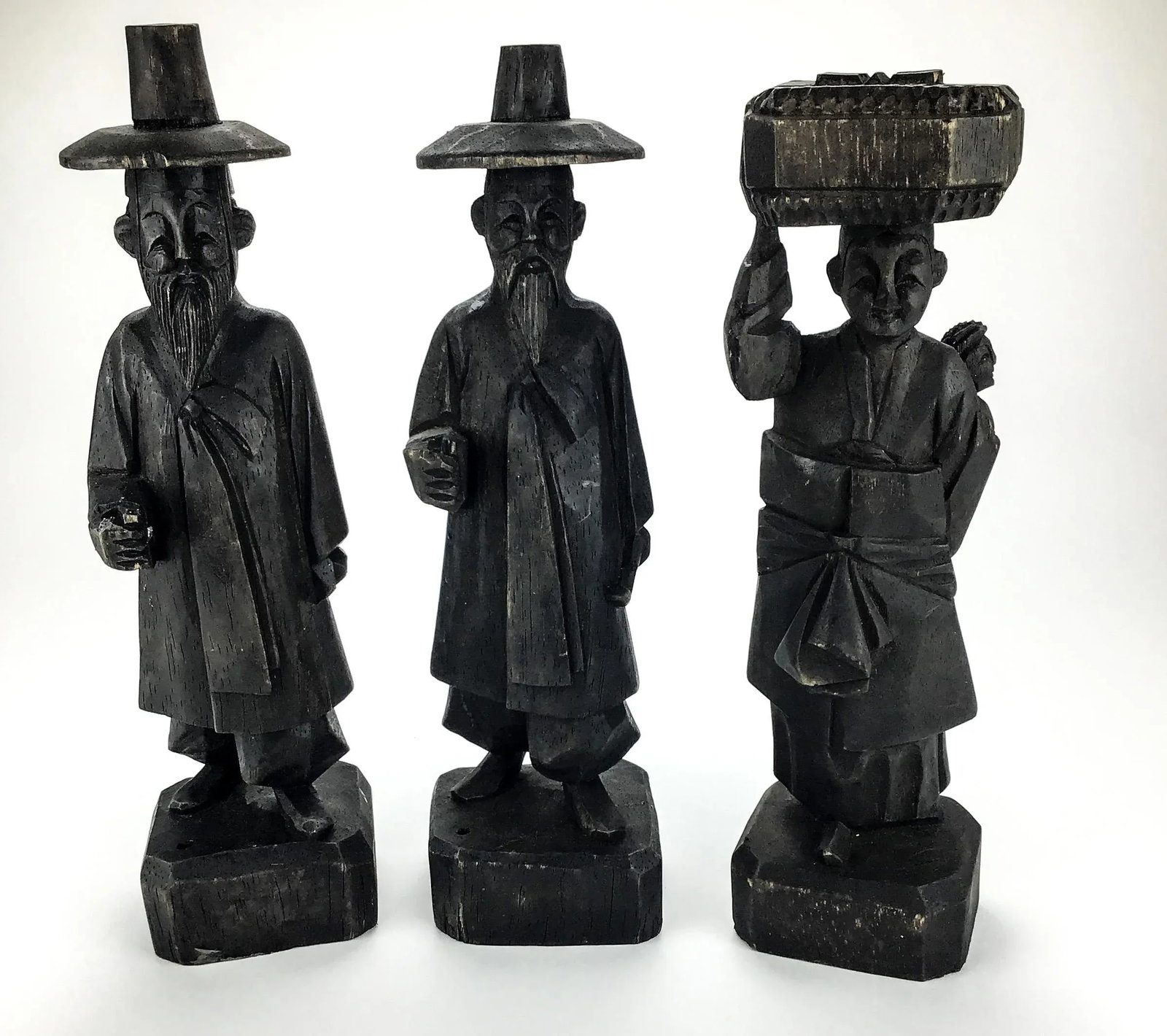 Antique Carved Wood Asian Men Incense Holder Set of 3 - 8