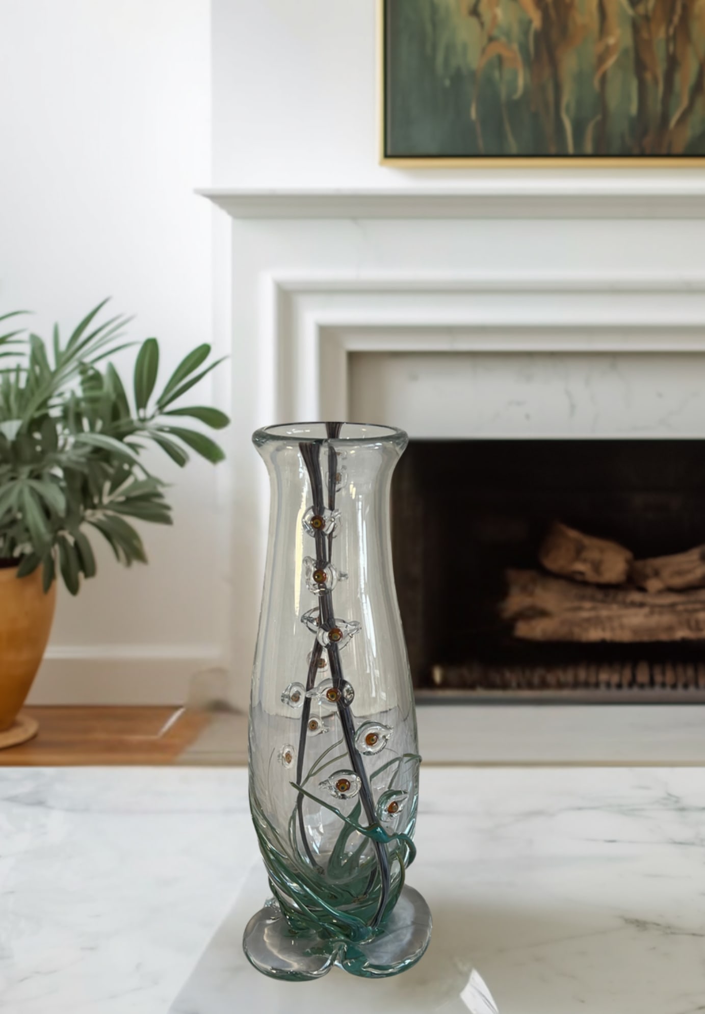 Art Glass Vase With Textural Applied Floral Grass Design - 11
