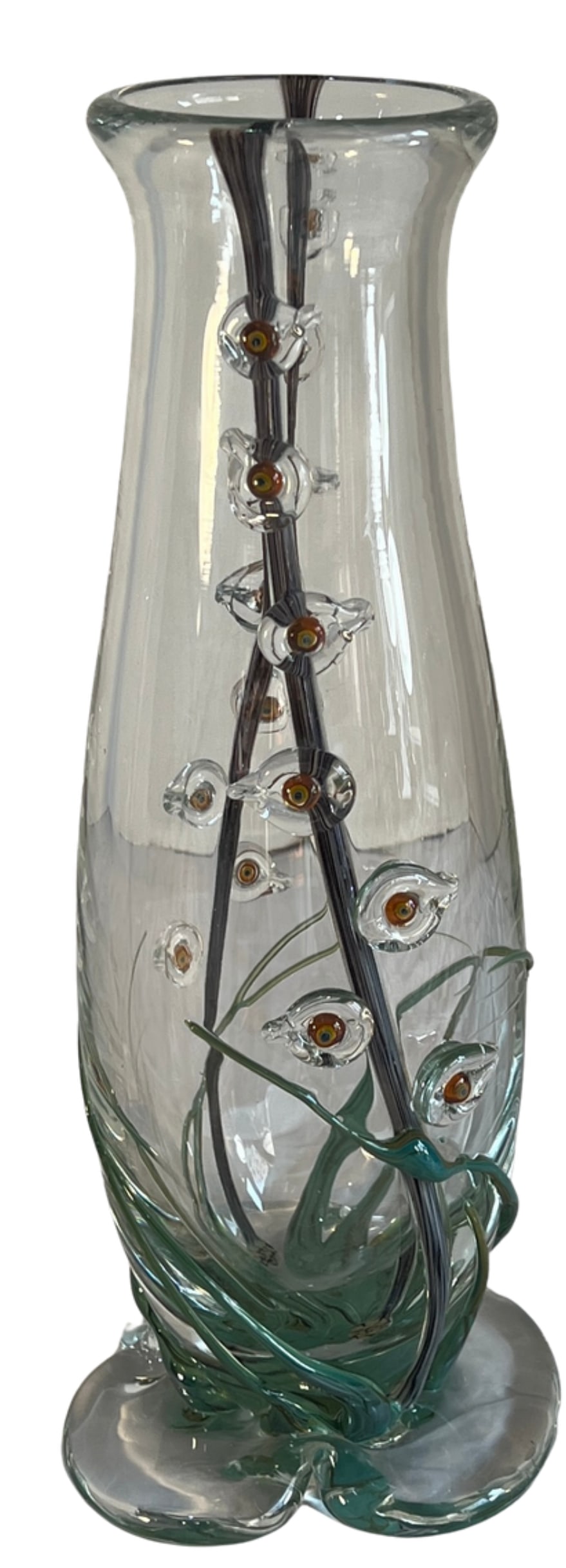 Art Glass Vase With Textural Applied Floral Grass Design - 13