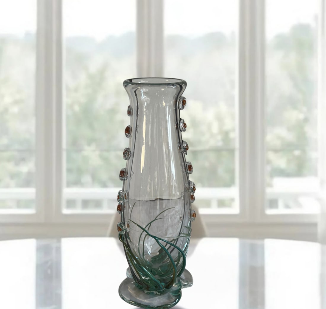 Art Glass Vase With Textural Applied Floral Grass Design - 15