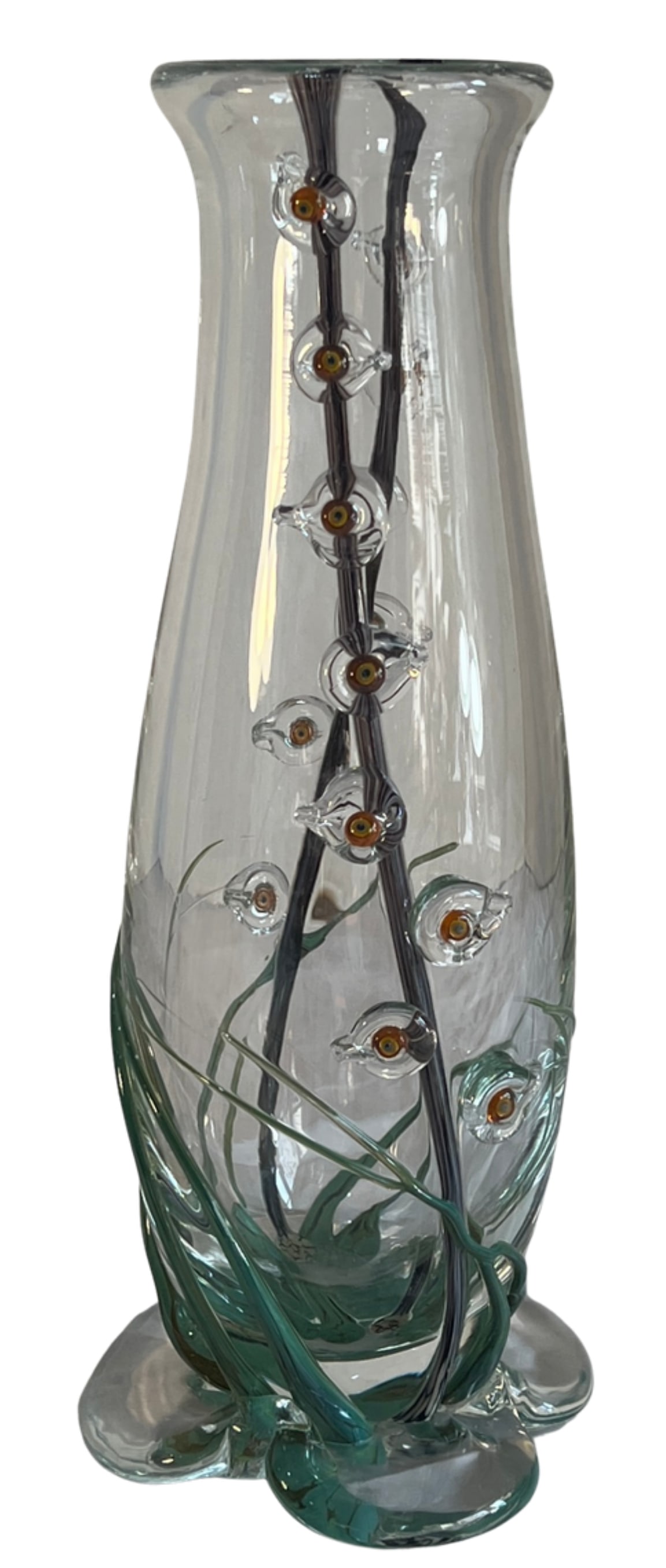 Art Glass Vase With Textural Applied Floral Grass Design - 16